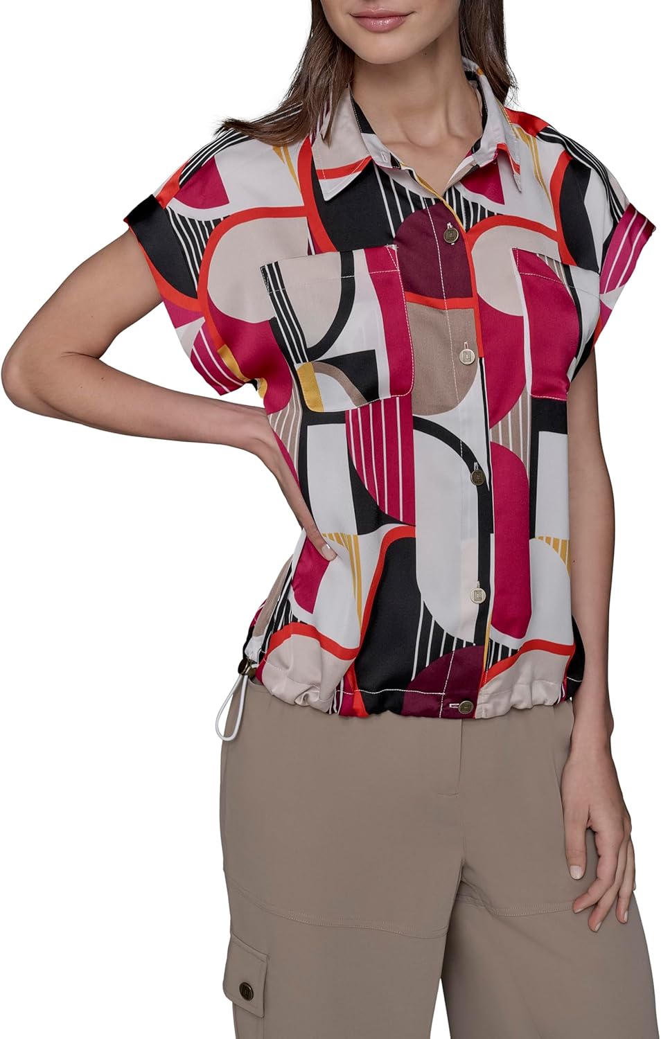 Karl Lagerfeld Womens Short Sleeve Collared Blouse