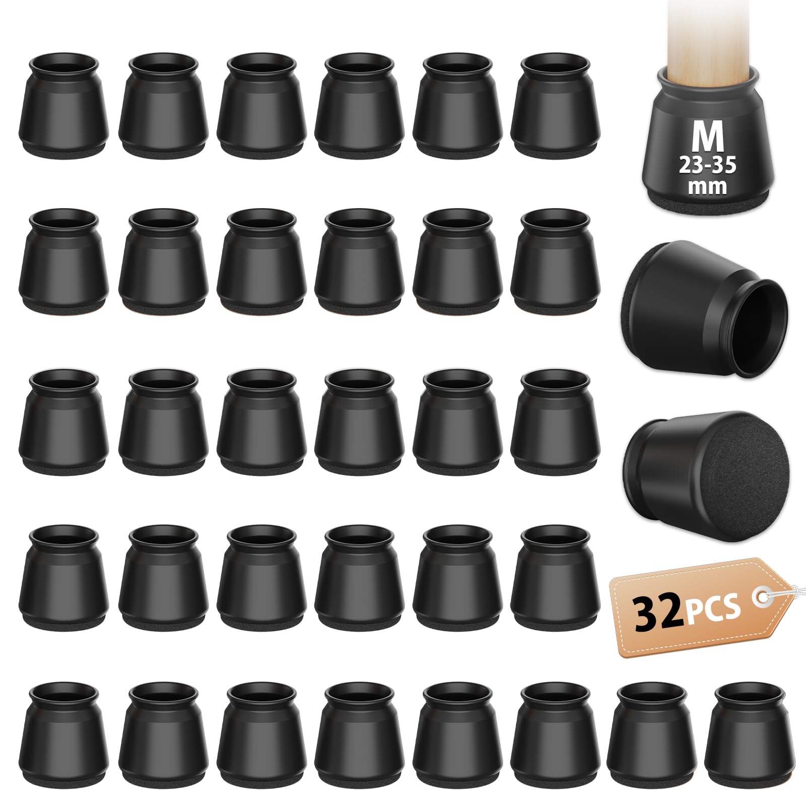 32 Pcs Round Black Chair Leg Silicone Floor Protectors, Chair Socks, Stool Leg Covers with Felt Pads, Protect Floors from Scratches, Reduce Noise (Fit:23-35mm)
