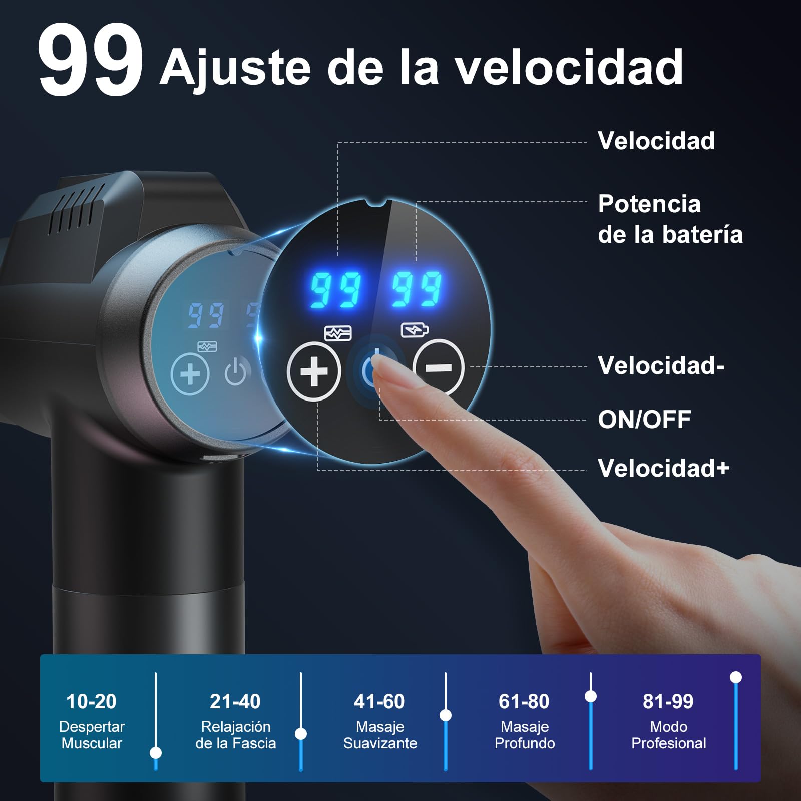 Pistola de Masaje Muscular Profesional, 99 Niveles, 6 Cabezales, Pantalla LCD, Carga Tipo-C