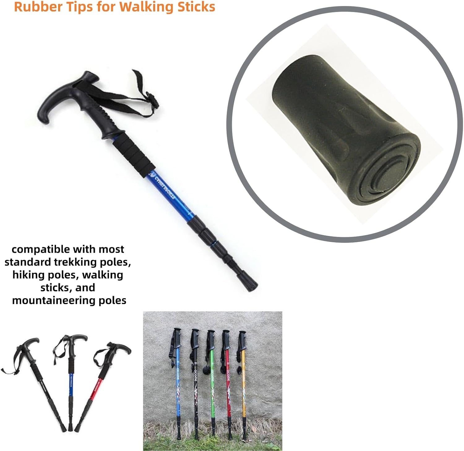 Rubber Tips for Walking Sticks, 5-Pack, 11mm Diameter, Cylindrical | Replacement Tips for Trekking Poles, Outdoor Trekking Pole Accessories