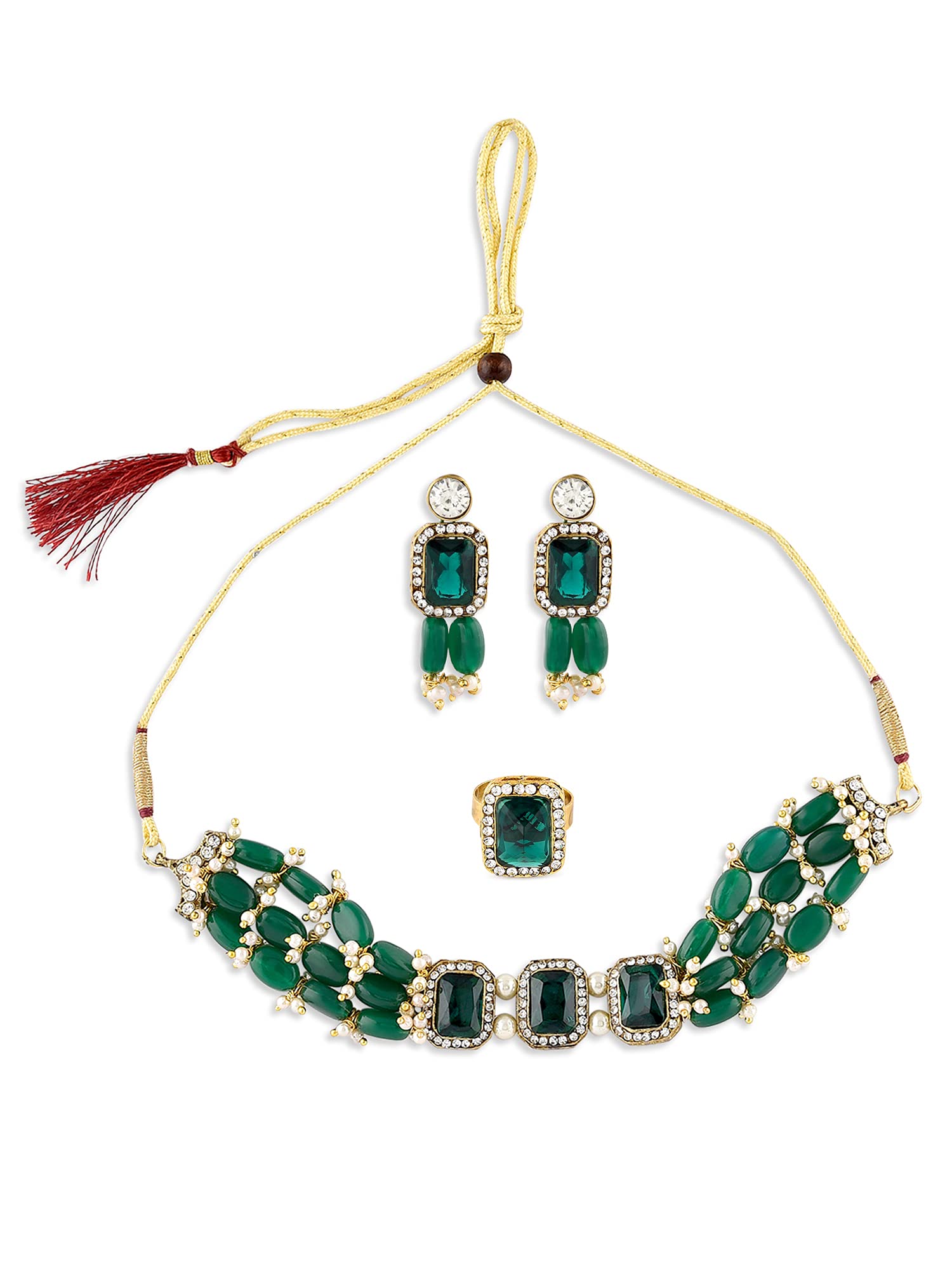 Green Beads Ethnic Choker Necklace Earring & Ring Set For Women-ZPFK10767