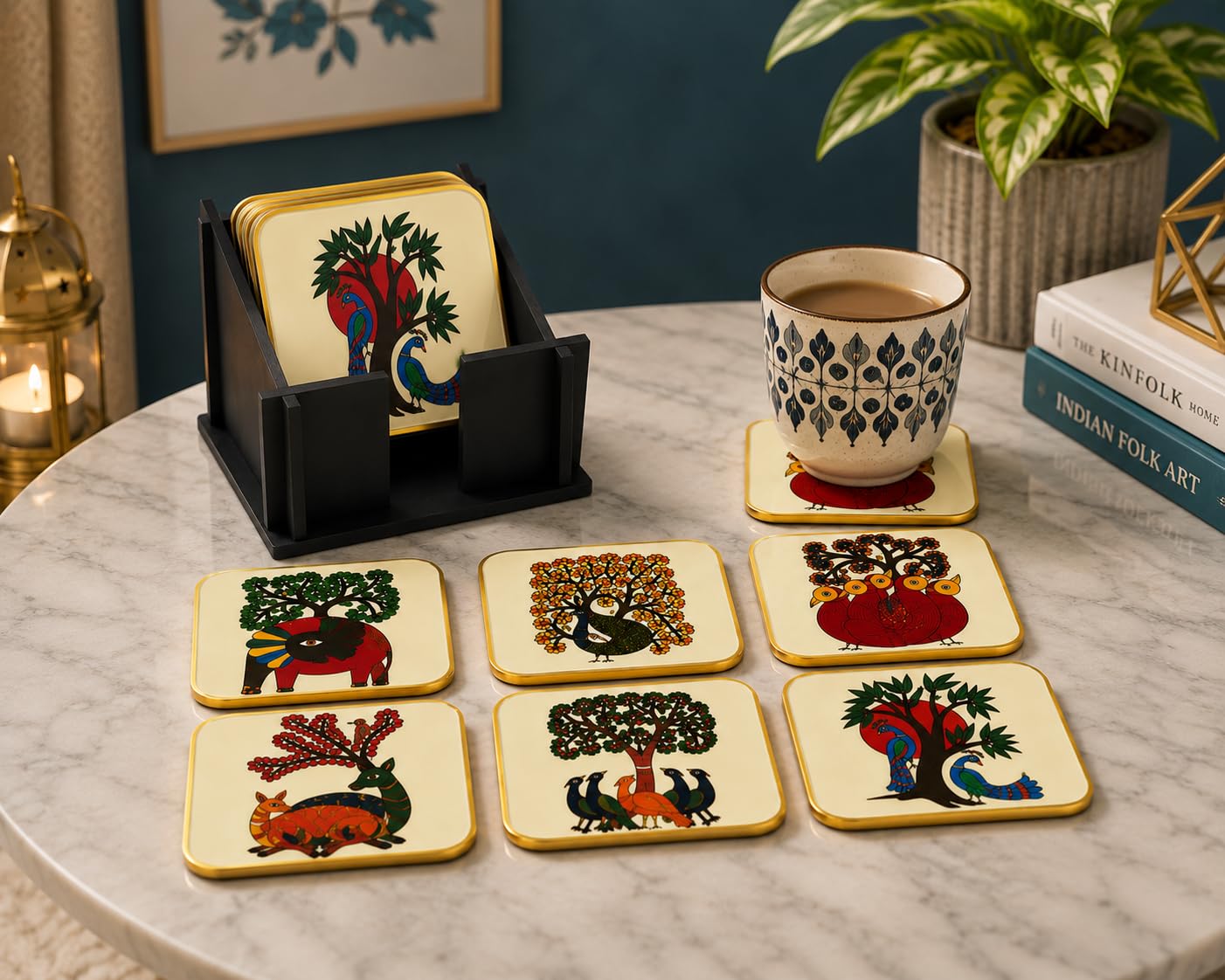 Gond Art Wooden Coasters Set of 6 with Holder, Tea Coffee Table Decor | Protects surfaces from heat, moisture, spills & stains daily-picture-20