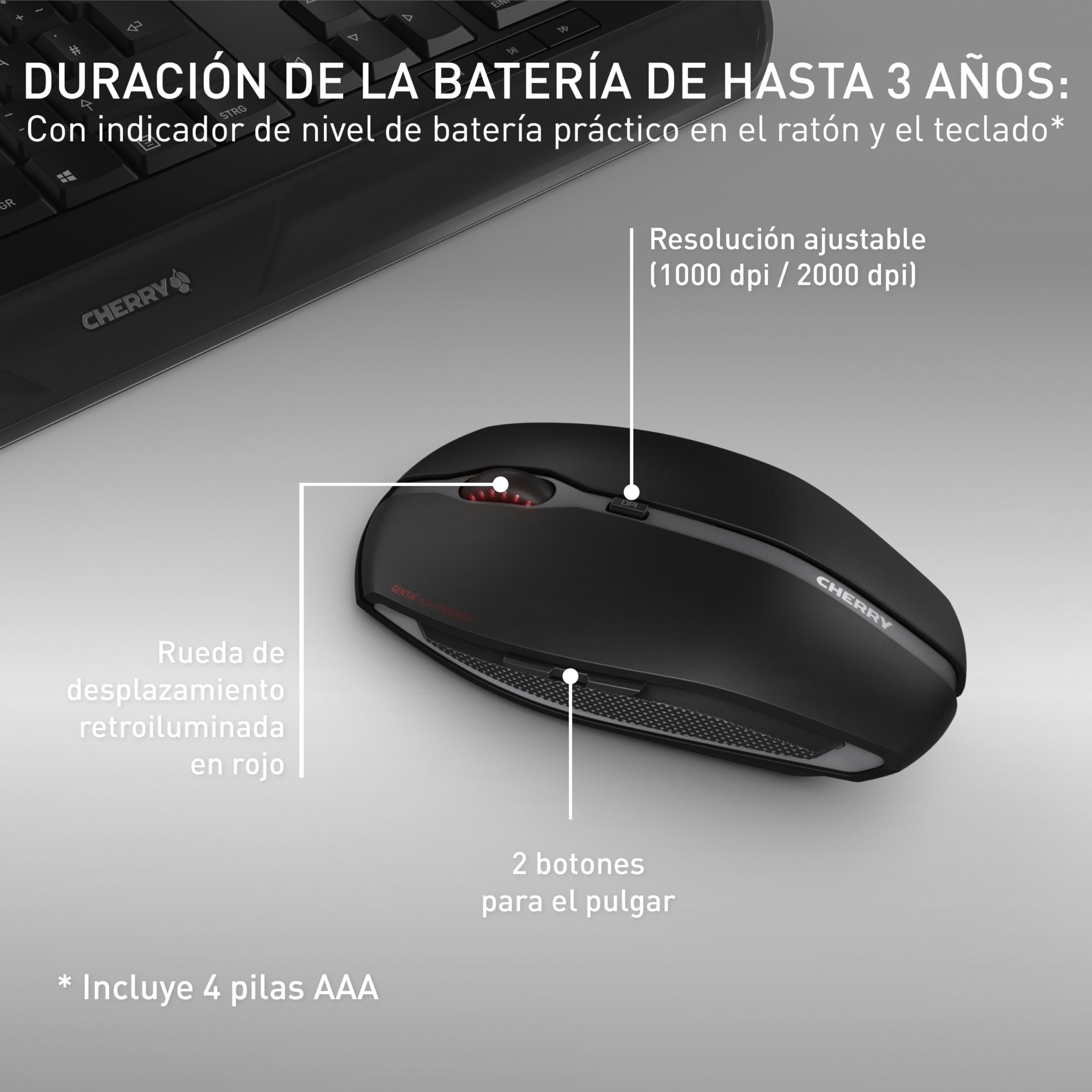 Cherry GENTIX Desktop, Set de Teclado y Ratón Inalámbrico, Distribución de Teclado Alemán (QWERTZ), Inalámbrico 2.4 GHz, Reposamuñecas Integrado, Diseño Simétrico, Negro