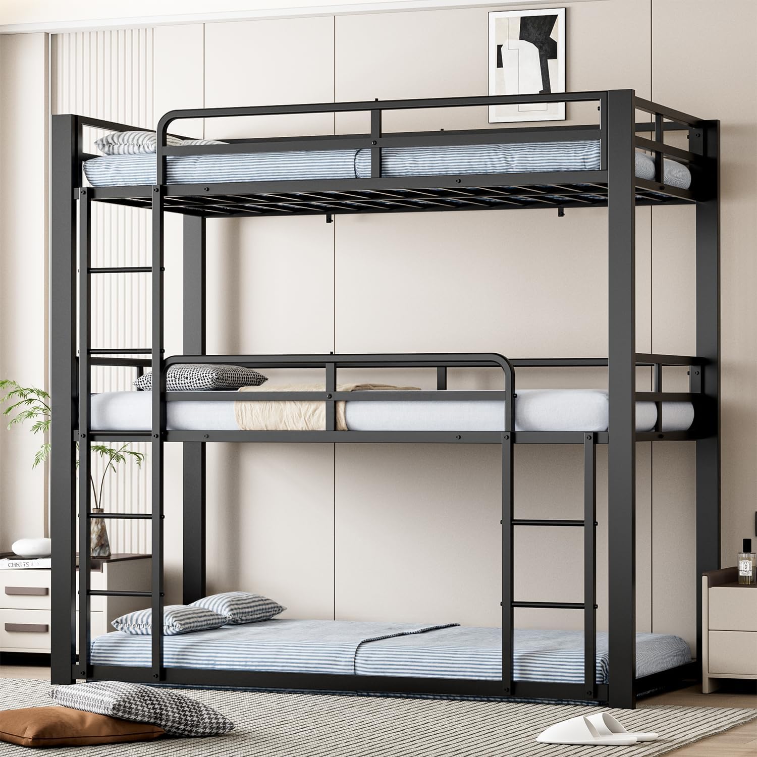 Metal Triple Bunk Bed, Twin Over Twin Over Twin Heavy Duty Bunkbeds, Full-Length Guardrail Family-Friendly for All Ages, Bedroom, No Box Spring Needed, Easy Assembly, Black