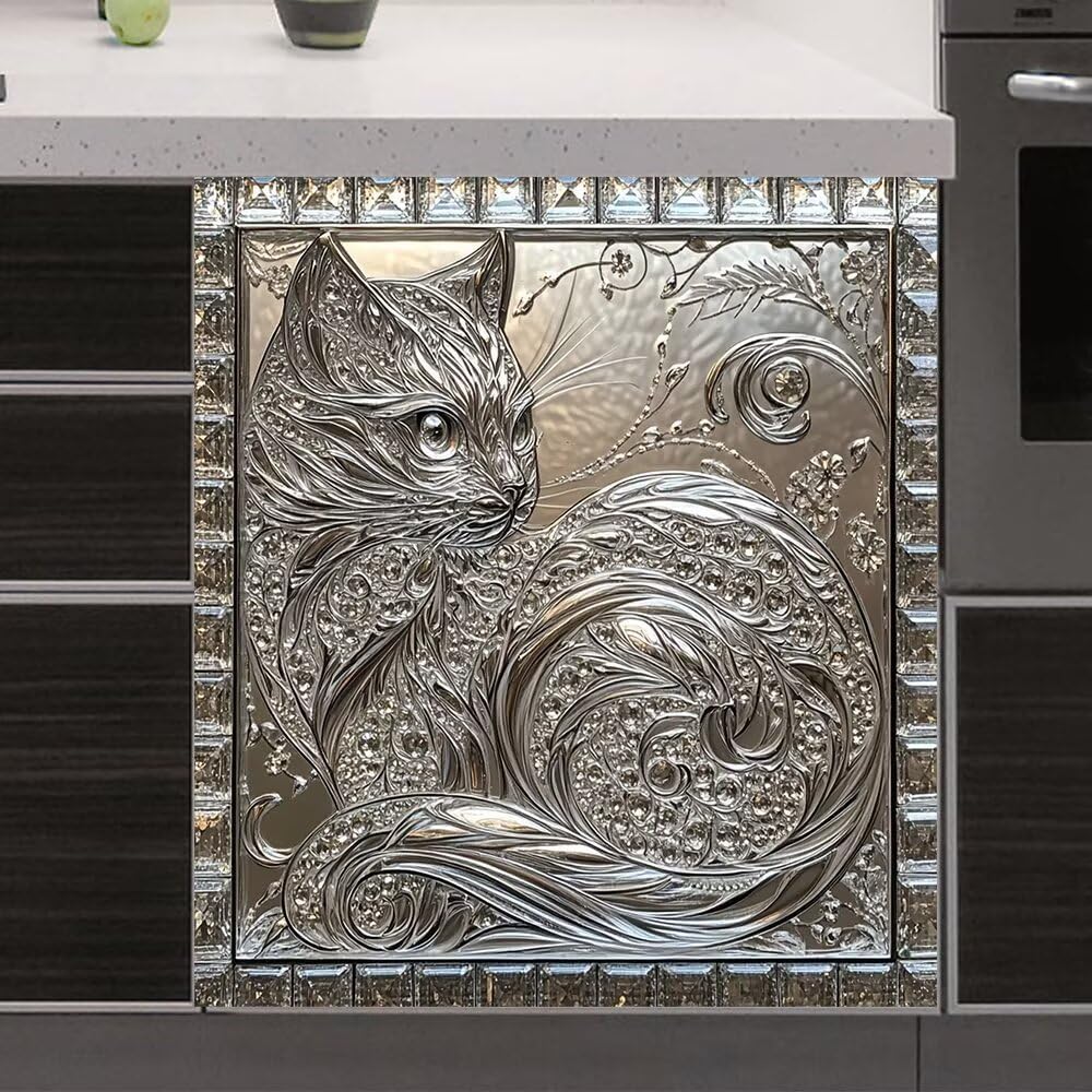 Silver Metal Cat Magnetic Dishwasher Door Cover for Kitchen, Glass Diamond Art Magnet Refrigerator Cover Panel Decal, Animal Cat Vinyl Decal for Dishwasher - Reusable, 23 x 26 inches (Magnetic)