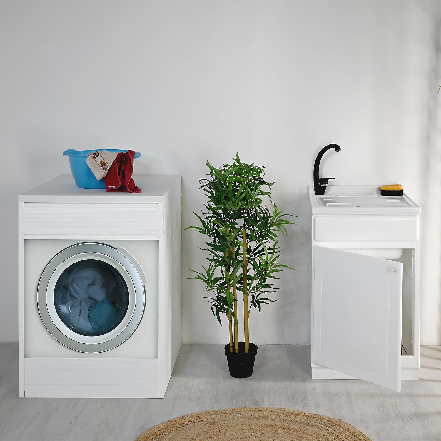 Lavatoio Lavapanni in Resina PP, Bianco, 50x50 Quadrata Ideale per Ricambio o Installazione su Mobile o Piano da appoggio in Lavanderia o Cucina Incluso di Kit Sifoneria