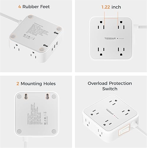 Miniatura 7 de TESSAN Regleta de alimentación con protector de sobretensiones de 10 pies, 3 USB (1 USB C) 8 tomas, cable de extensión de enchufe plano con