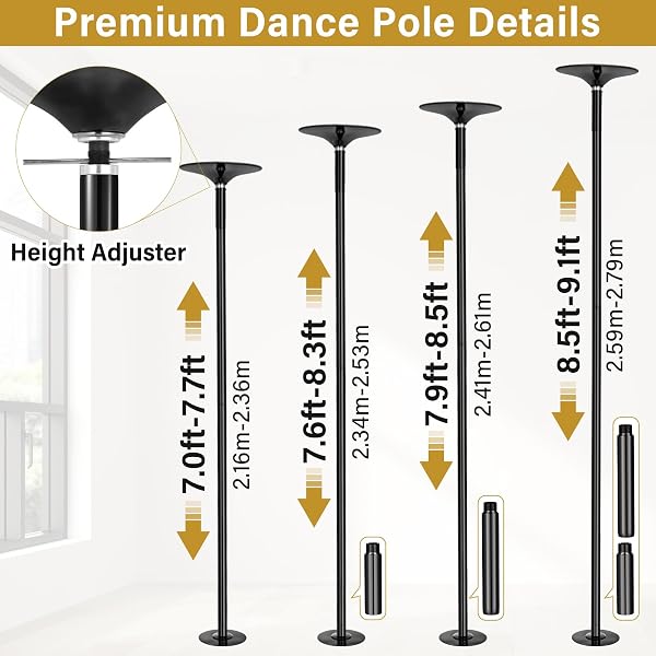 Genérico Barra de Pole Dance, 45 mm de diámetro, Altura Ajustable de 216 a 279 cm, portátil y Desmontable con función estática y-giratoria, Capacidad de Carga de 150 kg, Dorada - 2
