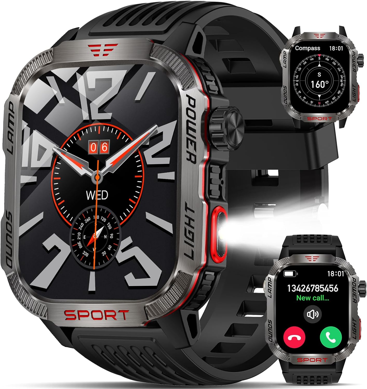 Military Smart Watches for Men - Compass & Flashlight - 2.01'' HD IP68 Waterproof Smart Watch, Fitness Tracker with Call, Heart Rate, Sleep Monitor,100+ Sport Modes, 40 Days Battery Life
