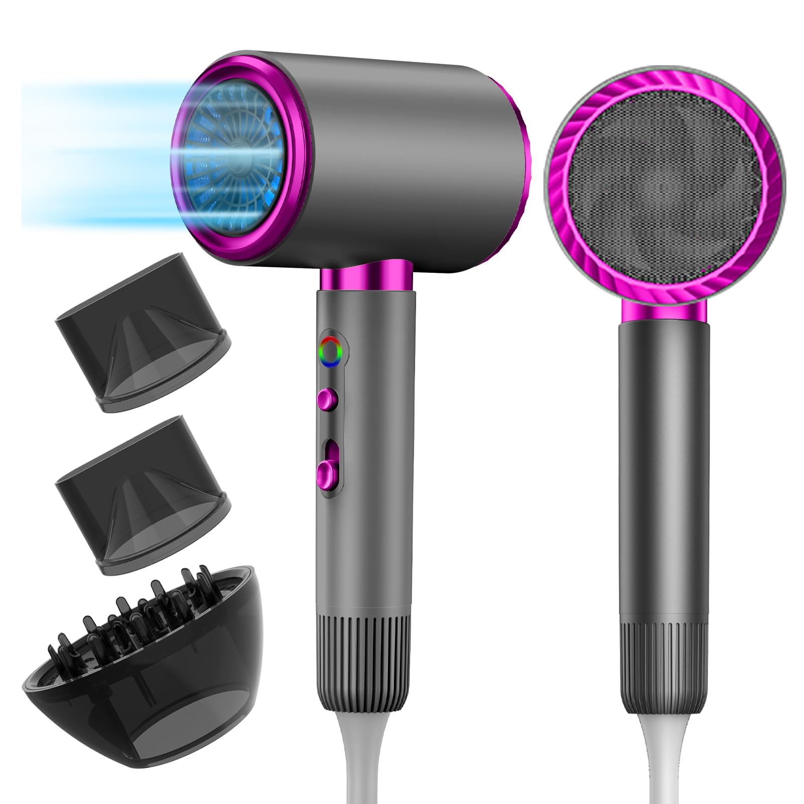 Secadores de pelo Profesional 2400W AIUNAOM Secador de Pelo iones Secado rápido y constante Frío/Calor Botón 3 velocidades Salón Hair Dryer con 2 Concentradors y Difusor para uso Doméstico y de Viaje