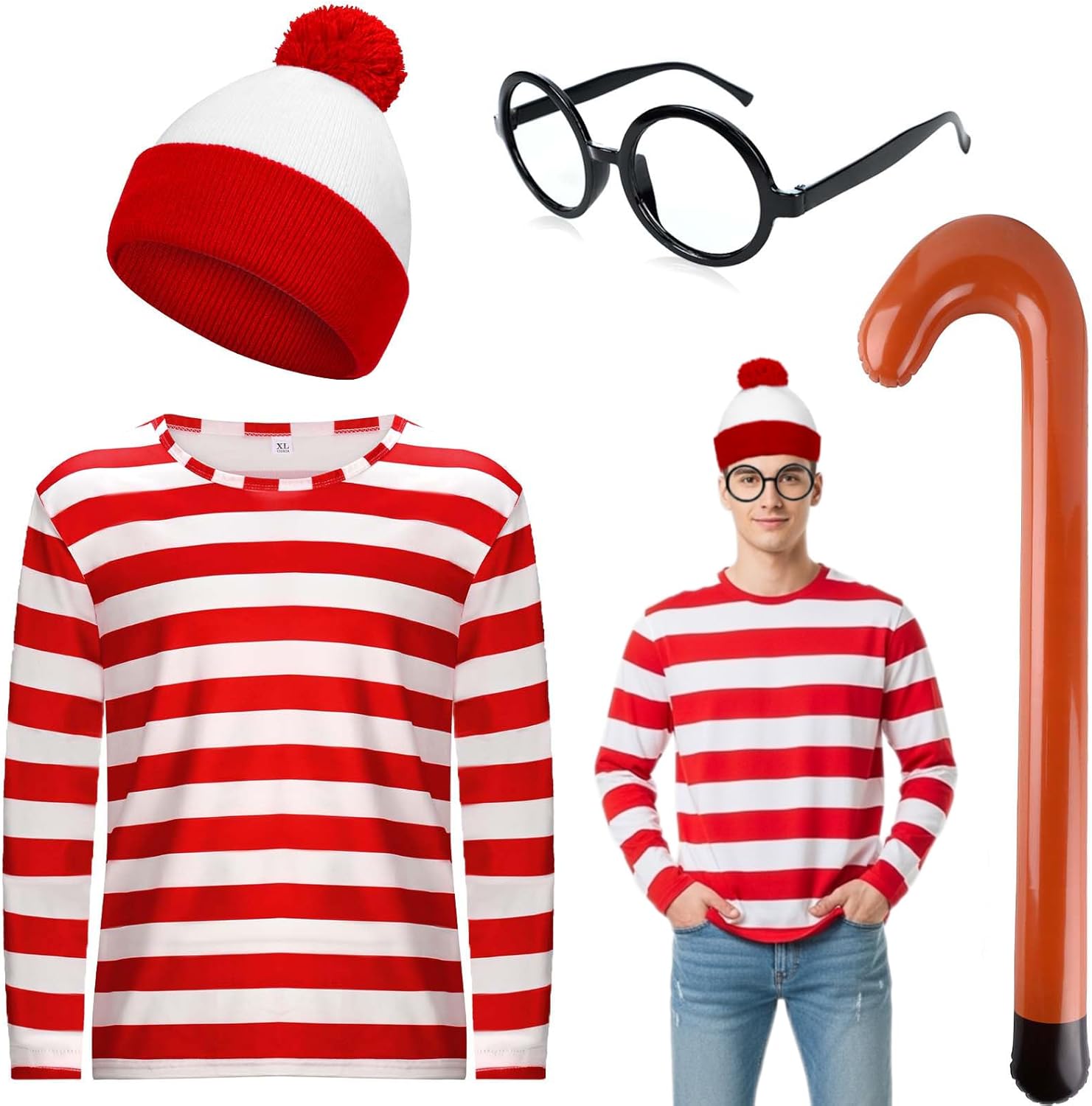 4 Pcs Halloween Costume Include Red and White Stripe Shirt,Beanie,Glasses and Cane for Men Women Party Dress Up