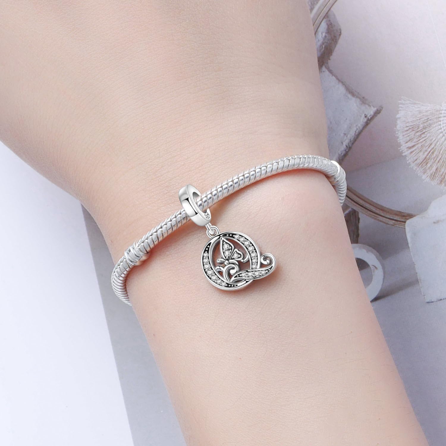 2 Pack 925 Sterling Silver Butterfly Letter Charms for Bracelets and Necklace Alphabet Initial Dangle Pendants Round Spacer Beads Pave Cubic Zirconia Jewelry Gift for Women - Image 5