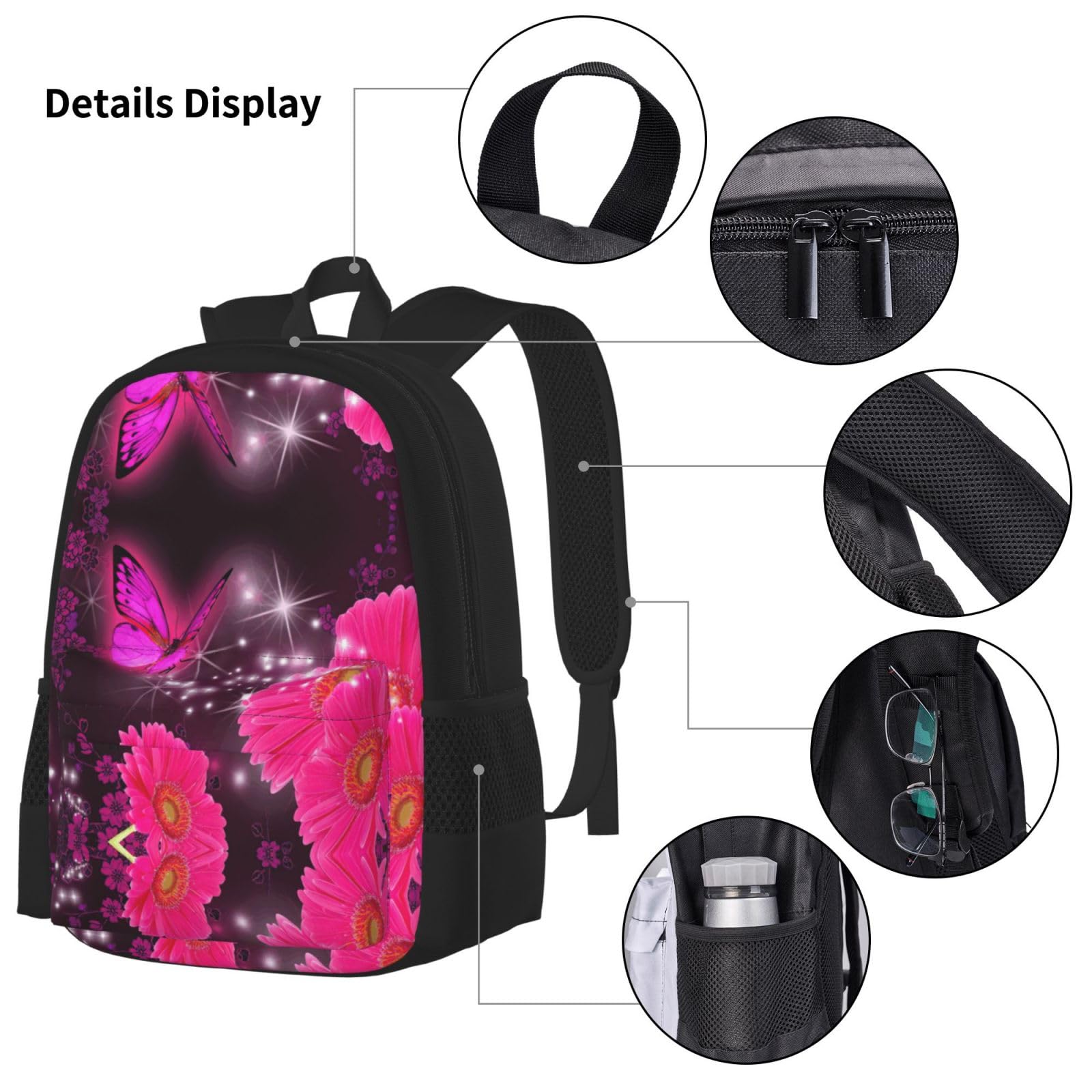 Juego de 3 mochilas escolares con estampado de mariposas moradas y flores rosadas, mochila para laptop resistente al agua de gran capacidad con bolsa de almuerzo aislada y estuche para lápices para