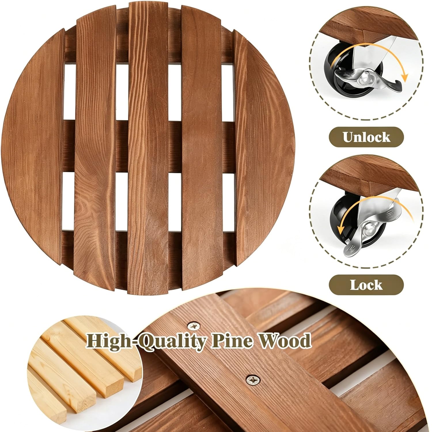 Lot de 2 roulettes robustes en bois avec roulettes verrouillables en métal - 30 cm