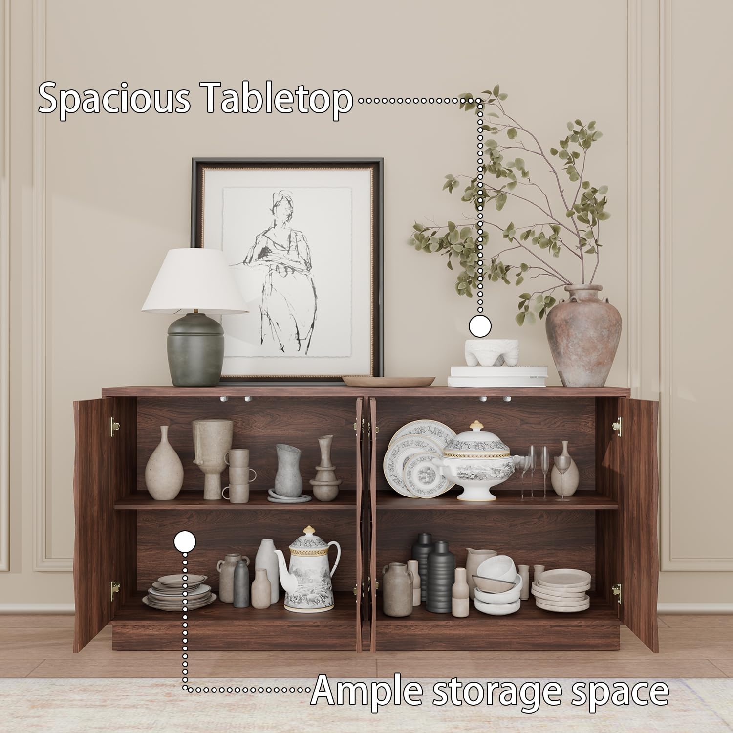 60" Walnut Sideboard Buffet Cabinet with Hexagon Textured Doors, Mid Century Modern 4-Door Credenza with Storage for Kitchen, Living Room, or Entryway (60" W × 30" H × 15.75" D)