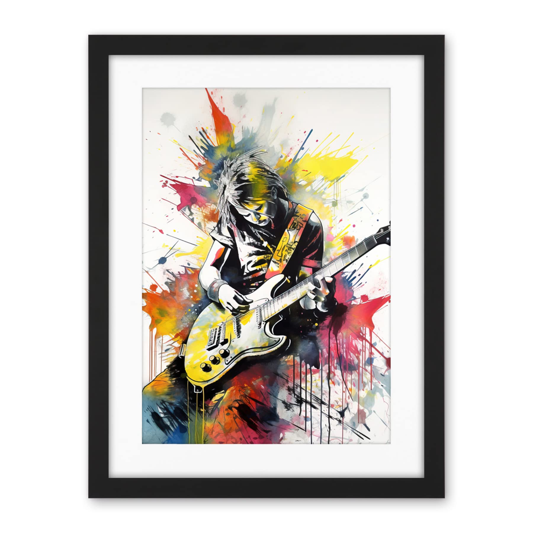 Artery8 Guitarist Playing Electric Guitar Music Solo Vibrant Modern Splat Paint Watercolour Illustration Artwork Framed Wall Art Print 18X24 Inch