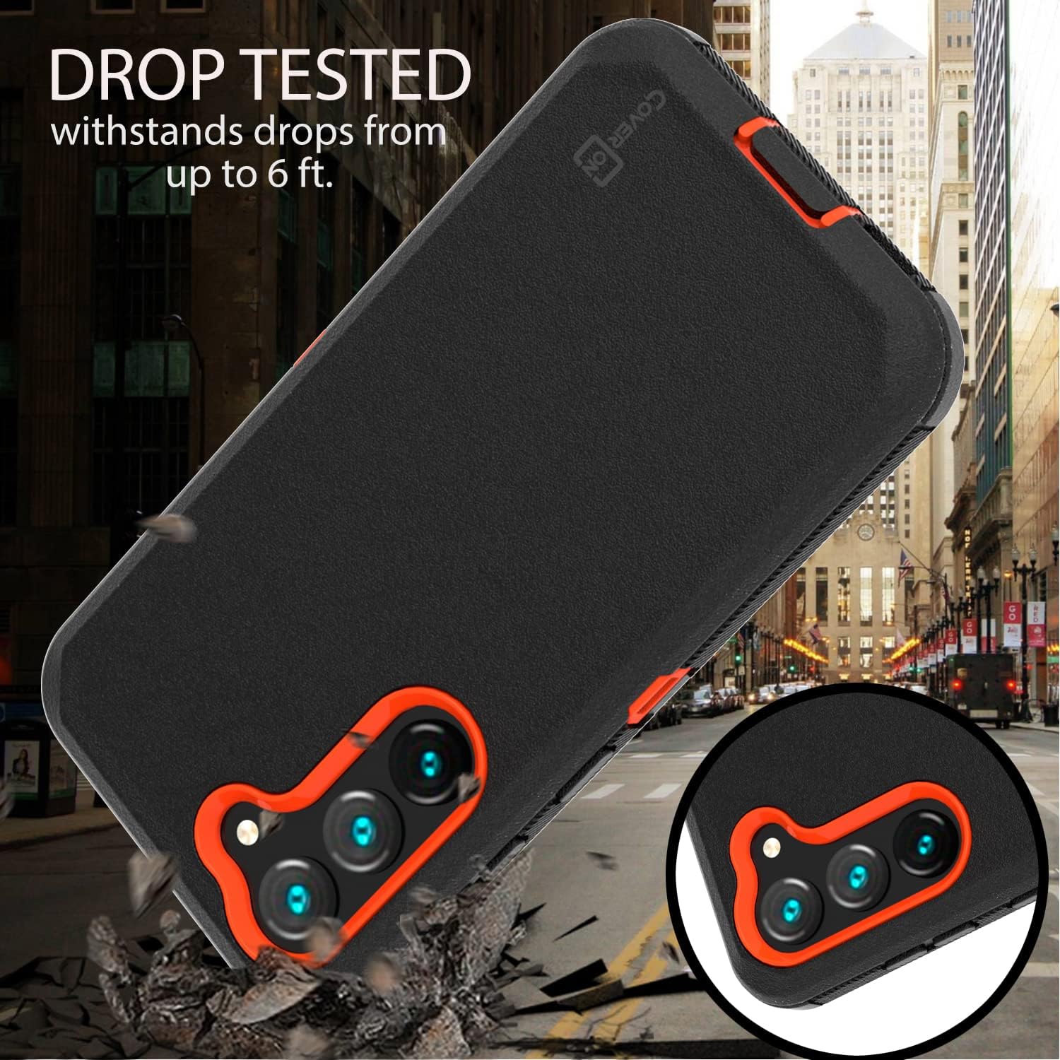 CoverON Rugged Designed for Galaxy S23 Plus Case, Heavy Duty Military Grade A Etched Grip Bumper Protective Armor Hybrid Rigid Skin Cover Fit Galaxy S23  Phone Case - Black/Orange