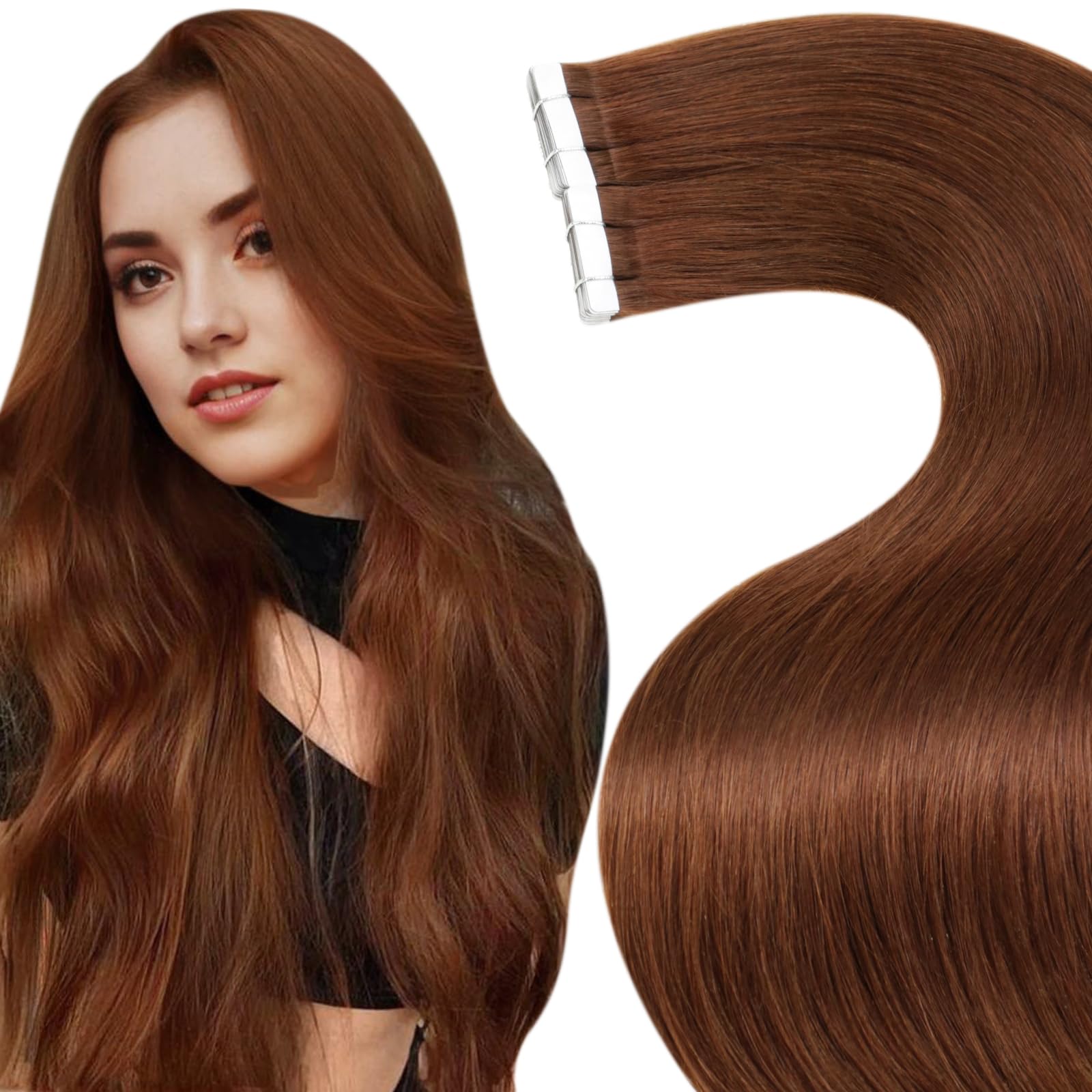 LaaVoo Tape in Hair Extensions Human Hair 50g Tape Hair Extensions Real Human Hair Invisible Tapes Remy Straight Red Brown Hair Double Sided Tabs 20pcs 14 Inch #33