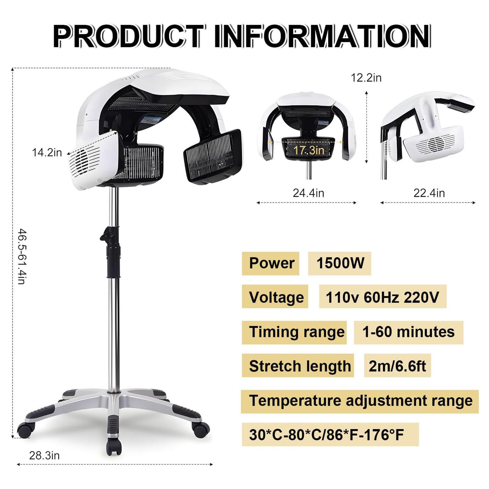 Kaptur fryzjerski, 1500 W, parasolowy kaptur fryzjerski z 4 uniwersalnymi kółkami, regulowana wysokość i temperatura, do salonu fryzjerskiego, salonu kosmetycznego Vertical
