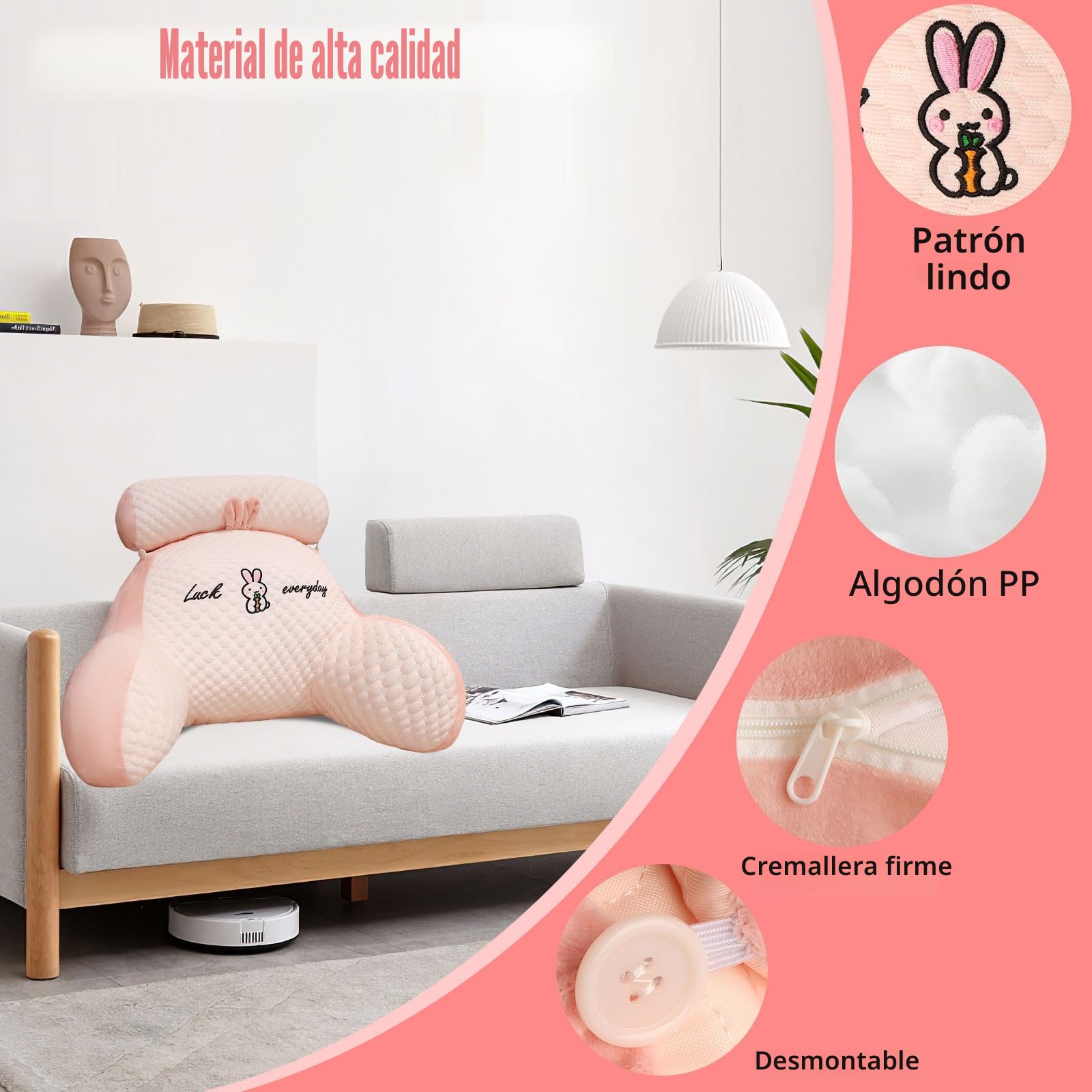 Almohada Lectura Cama, 70x50cm Grande Cojín Lectura Cama con Respaldo Apoyo Lumbar y Cuello Desmontable y Brazos, Cojin Respaldo para Trabajar, Leer o Jugar en la Cama Sofá Suelo (Rosa, X-Large)