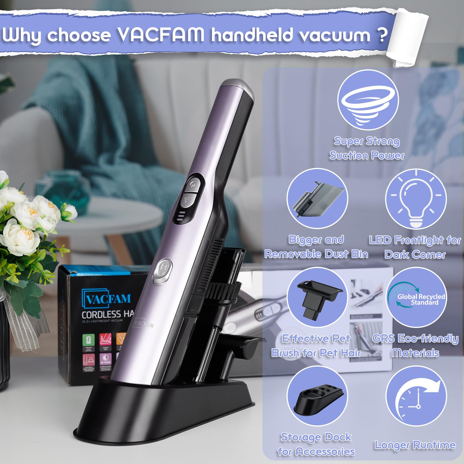 Handheld Vacuum Cordless, Car Vacuum Cleaner 18KPa High-Power Suction, Portable Hand Vac with Washable HEPA, LED Light,Storage Dock, Dust Buster for Office Home Desk, Pet Brush for Pet Hair,Rose Gold