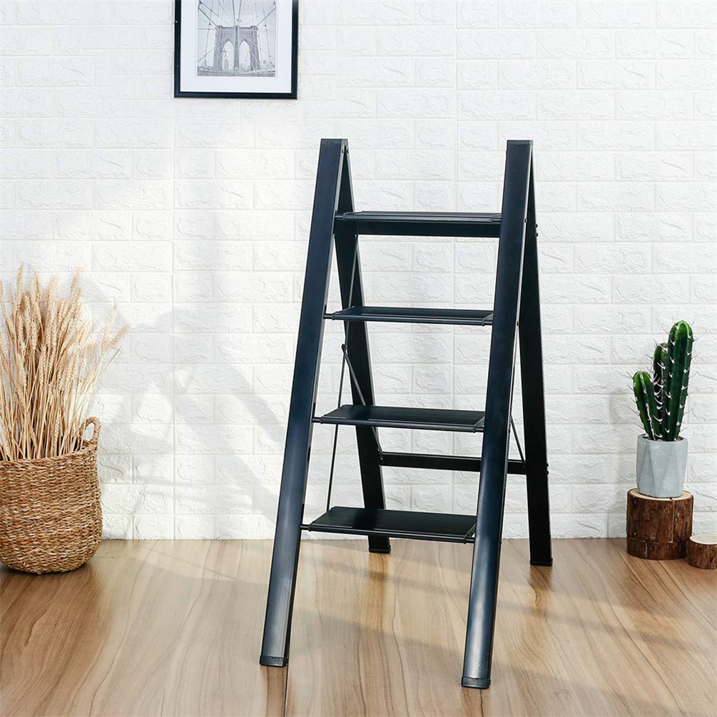 BAOYOUNI Scaletta Pieghevole in Alluminio 4 Gradini Sgabello Leggera Resistente con Pedale Antiscivolo Scala per uso Domestico, Ufficio, Garage, Giardino, Pittura, può Portare Fino a 135 kg, Nero