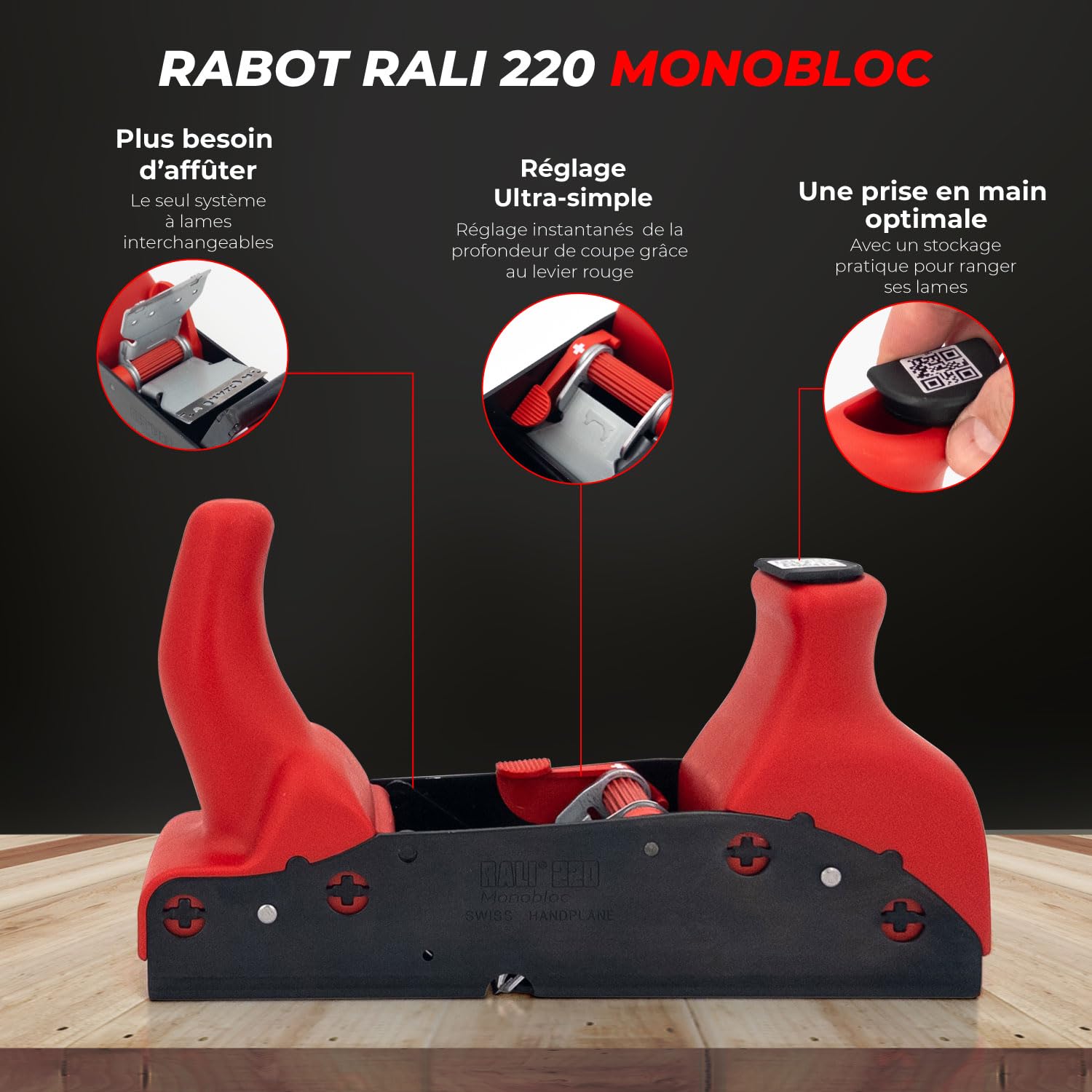 Rabot RALI 220 MONOBLOC : Rabot à Main pour Menuisier Sans Affutage et Réglage Ultra Rapide De La Lame | Rabot bois professionnel Suisse pour Menuisier | Toujours opérationnel