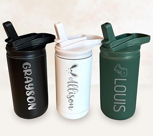 Miniatura 8 de Botella de agua personalizada para niños y niñas, vaso personalizado de acero inoxidable de doble pared de 12 onzas con tapa de popote