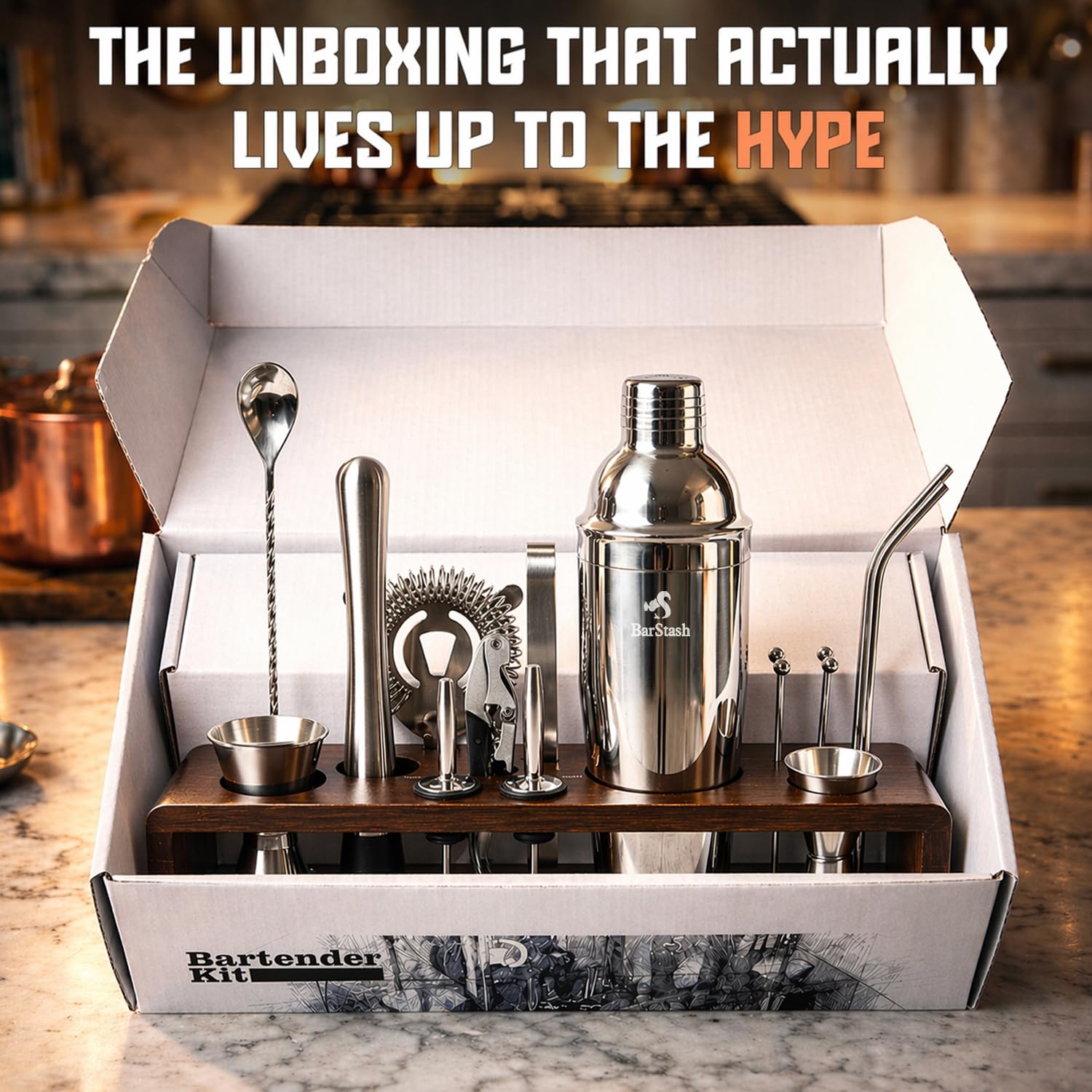Premium Bartender Kit: set di 17 attrezzi con supporto in bambù, set perfetto per cocktail da bar, bicchieri con cannucce in acciaio inox per una grande esperienza di miscelazione delle