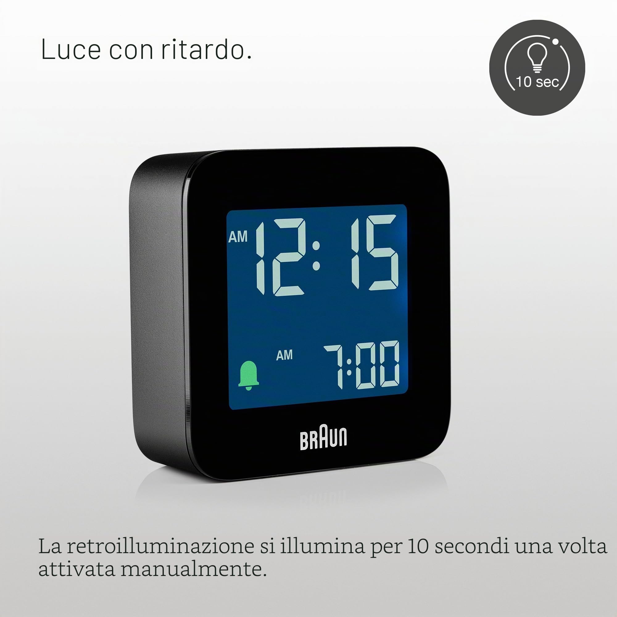 Braun Sveglia Digitale da Viaggio con Snooze, Dimensioni Compatte, Display LCD Negativo, Impostazione Rapida, Sveglia Bip Crescendo in Nero, Modello BC08B.