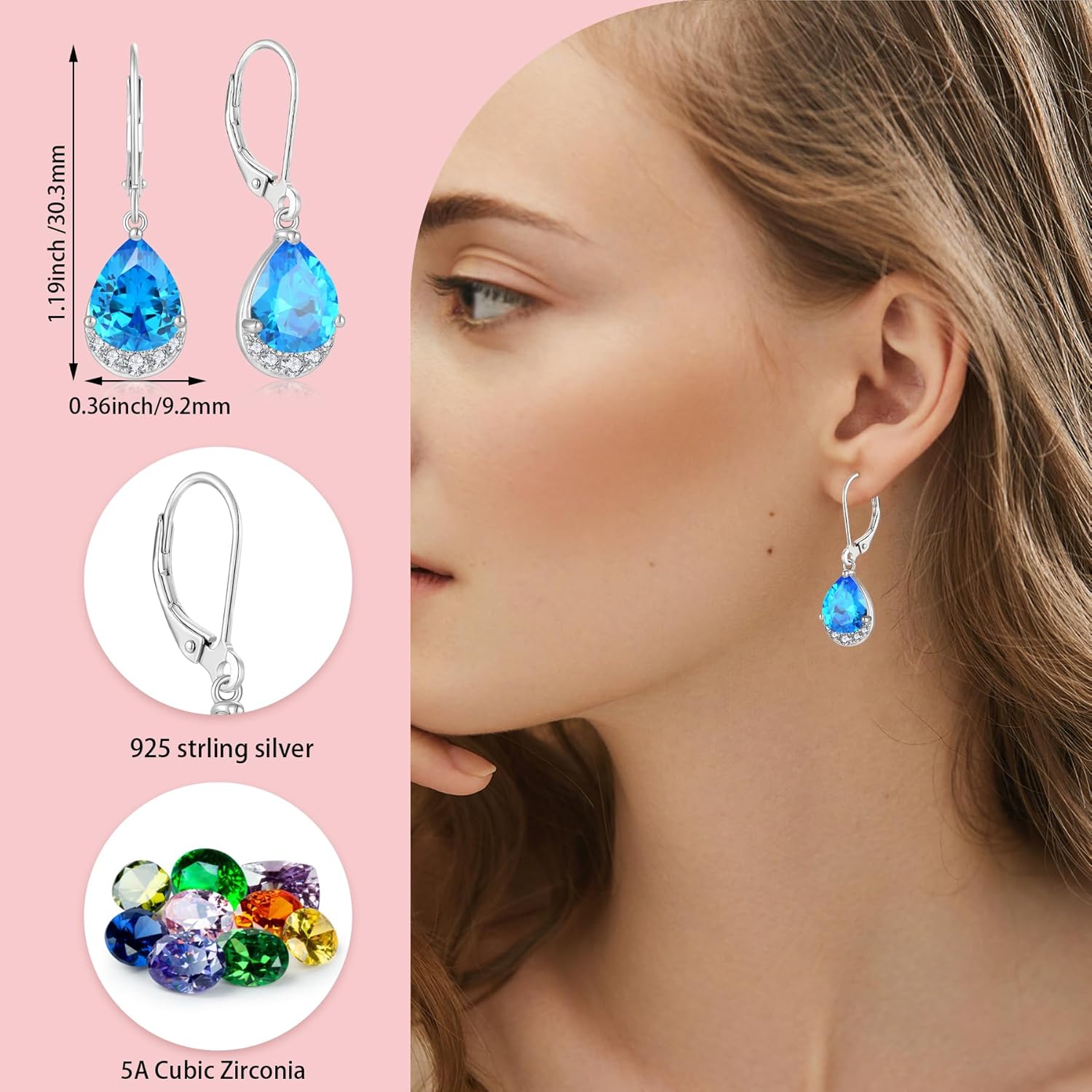 Dangle Drop Earrings for Women Teardrop Leverback Birthstone Earrings 925 Sterling Silver 5A Cubic Zircon Jewelry Anniversary Birthday Christmas Gifts for Wife Her - Image 5