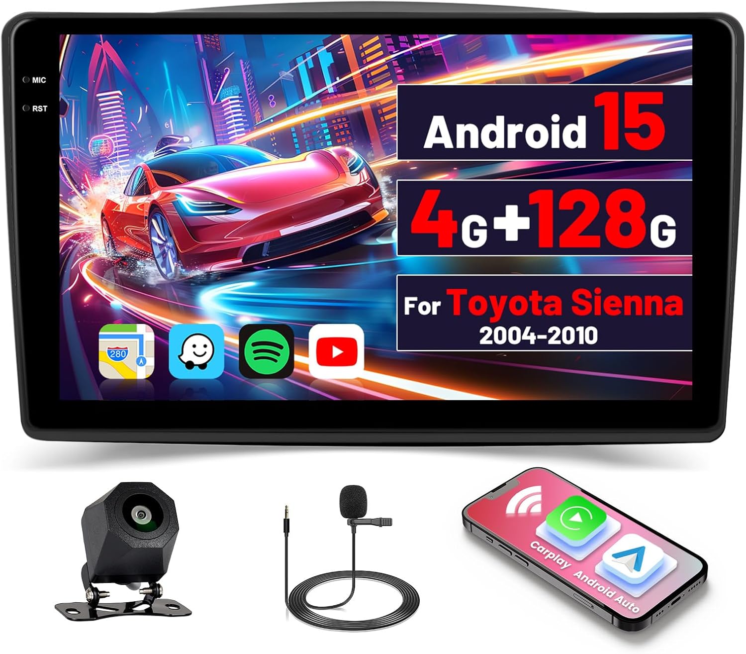 [4+128GB] Android 15 Car Radio for Toyota Sienna 2004-2010 with Wireless Carplay/Android Auto, 9 Inch HD Touchscreen Car Stereo with GPS WiFi Bluetooth FM/RDS EQ SWC Backup Camera MIC