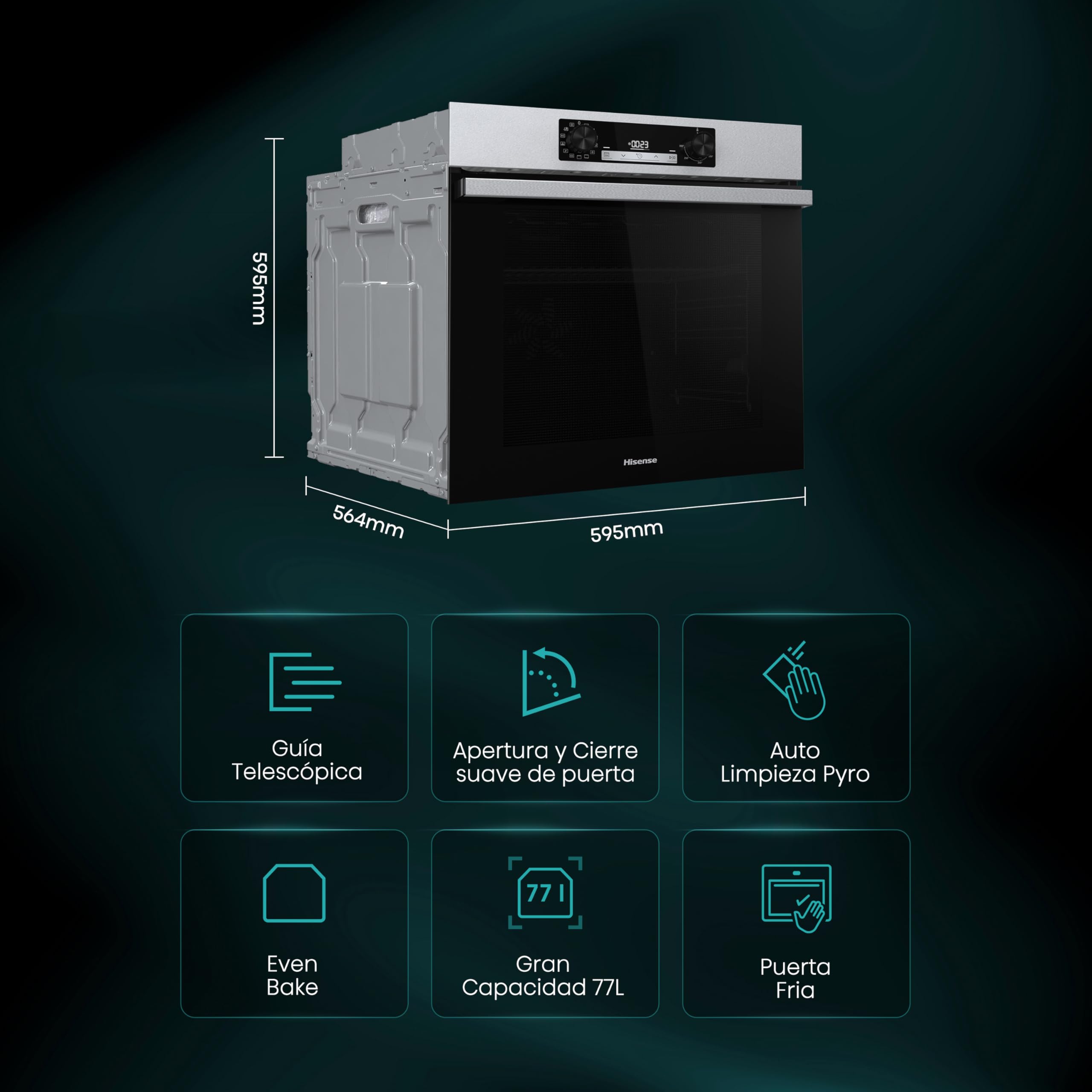 Hisense BI64213E15PX-Horno Multifunción, Horno electrico empotrable, 77L, Auto-limpieza Pirolítica, Modo cocción vapor, Guía telescópica pirolizable, Modo cocción Air fry, Pizza, Calentamiento rápido