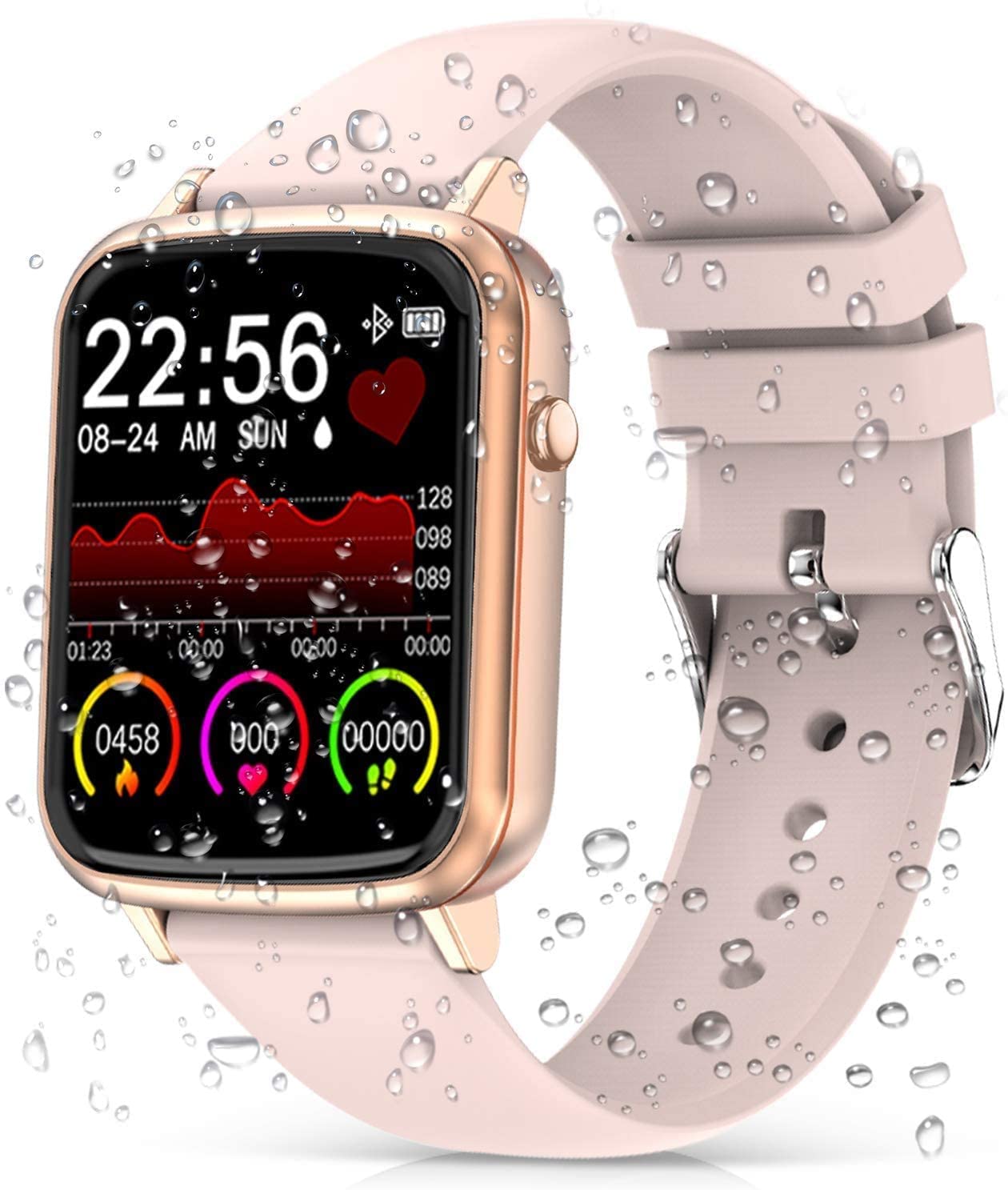Fitness Tracker, inteligentny zegarek z pulsometrem, wodoodporny smartwatch Bluetooth IP68, do telefonu z systemem Android, iOS, śledzenie snu, licznik kalorii, krokomierz dla kobiet, mężczyzn (różowy)