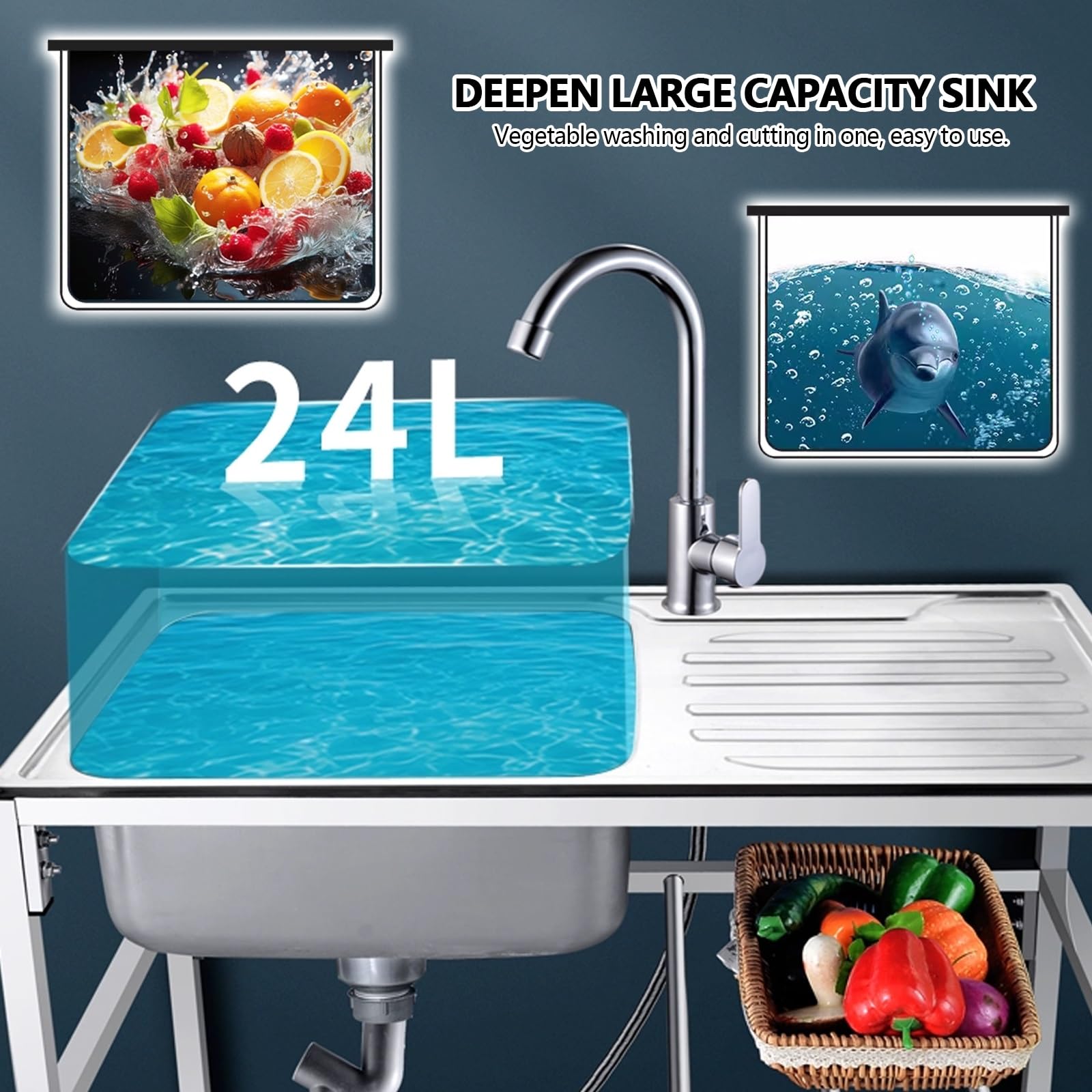 Fregadero Independiente Cocina Con Grifo, Fregadero Acero Inoxidable Comercial Con Banco Trabajo, Para Jardin Lavandería Garaje, Fácil De Limpiar.