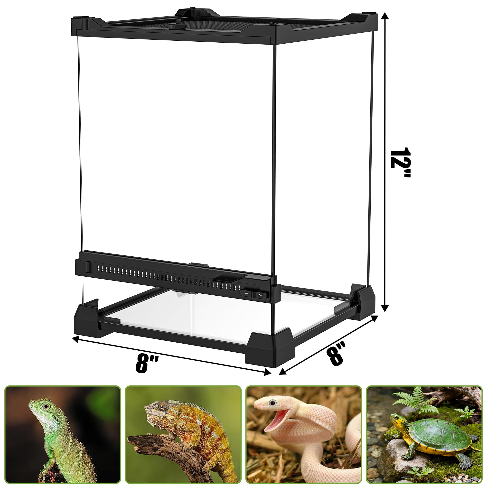 Tanque de terrario de vidrio para reptiles, 8 x 8 x 12 pulgadas, hábitat con visión completa visualmente para lagartos, arañas, serpientes, gecos, tortugas y otros reptiles pequeños