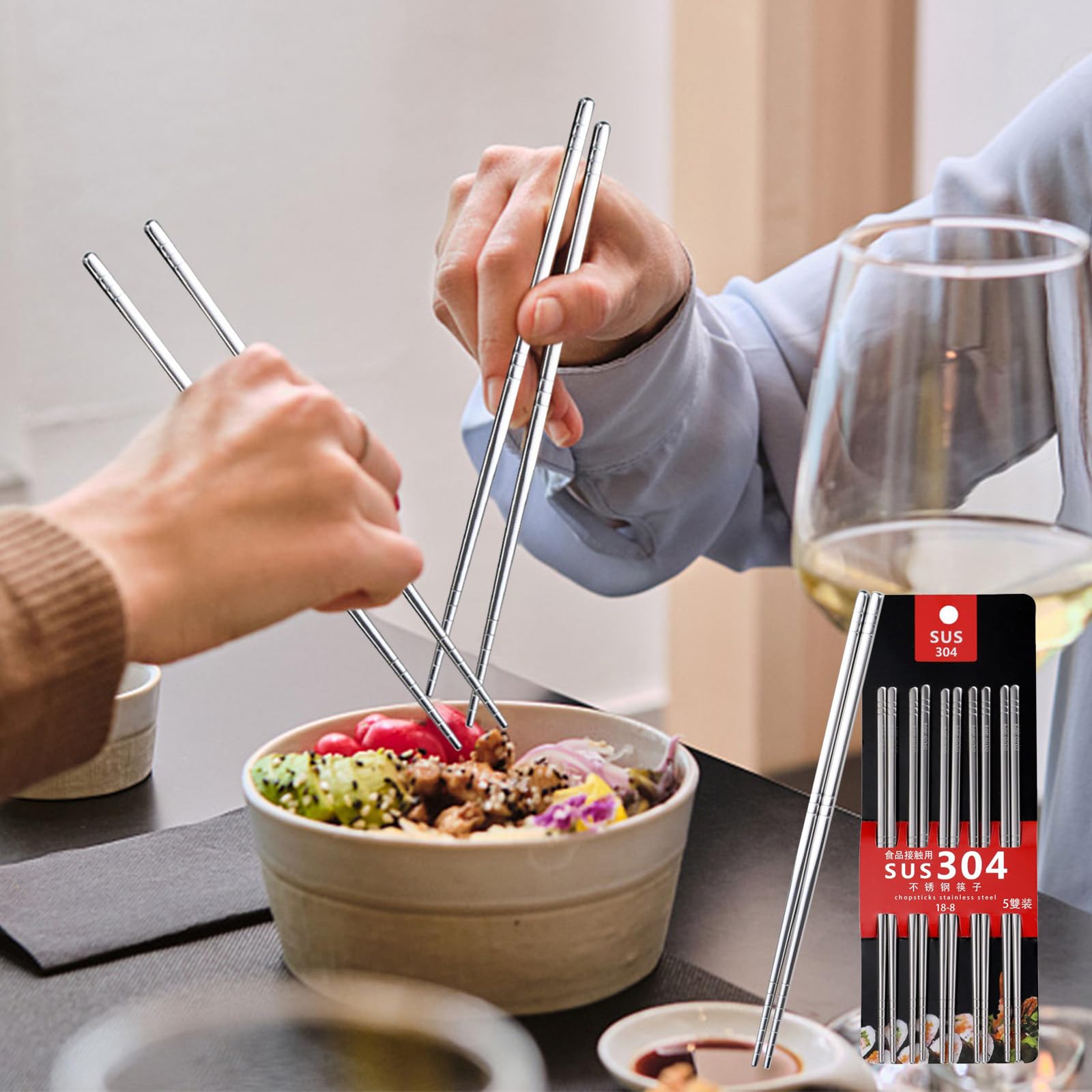 Bacchette In Acciaio Inox Con Supporto - Set Da 2 Con Motivo Giapponese, Lavabili In Lavastoviglie - Foto 2