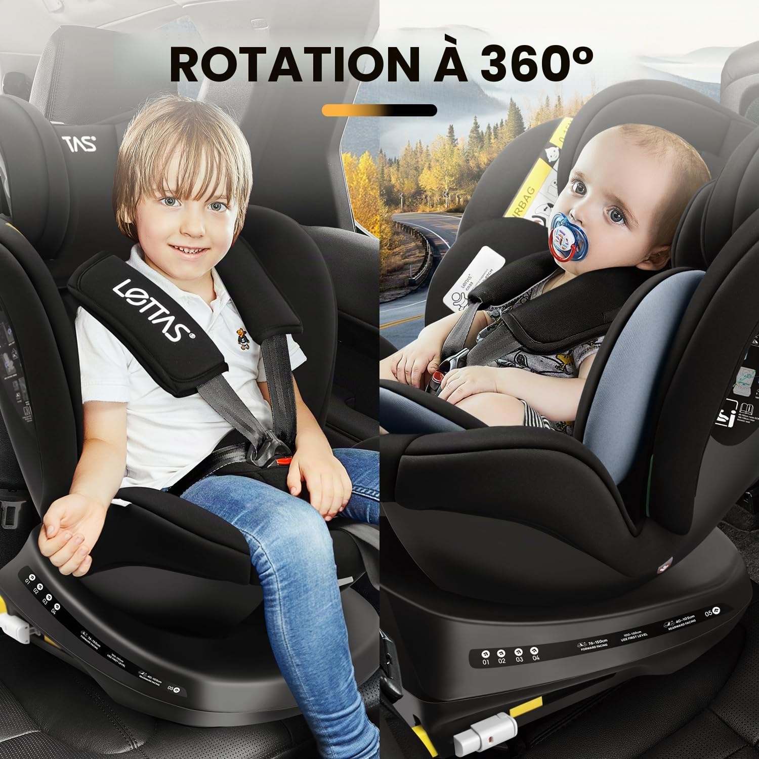 LETTAS Siège Auto Pivotant 360 i-Size 40-150 cm (de la naissance à 12 ans) Avec ISOFIX, 0 à 36kg, Appui-tête Réglable, ECE R129/04