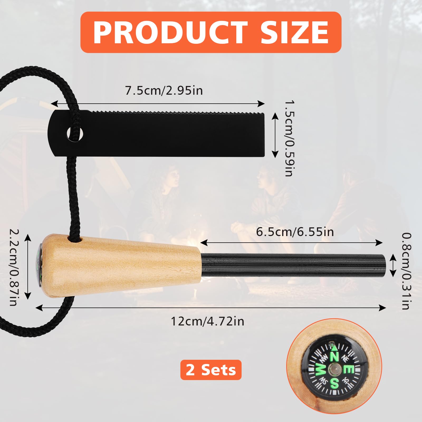 2 sztuki krzesiwo outdoorowe, survivalowe krzesiwo z drewnianym uchwytem i kompasem, magnezowy rozpalacz ognia zestaw survivalowy, rozpalacz ognia ze stali krzemowej, zestaw survivalowy do bushcraft