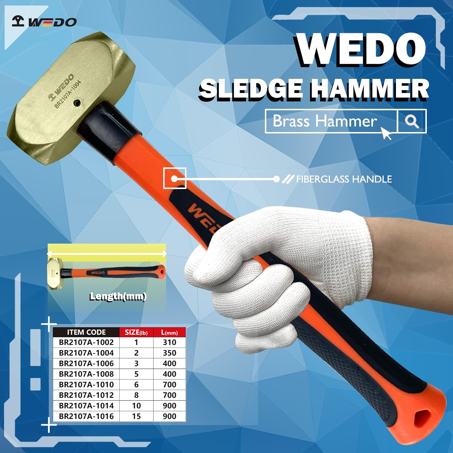 WEDO Brass Sledge Hammer 3lb, Club Hammer with Fiberglass Handle, Drilling Hammer, Flat Hammer, Die-Forged, Corrosion Resistant, 16" Length