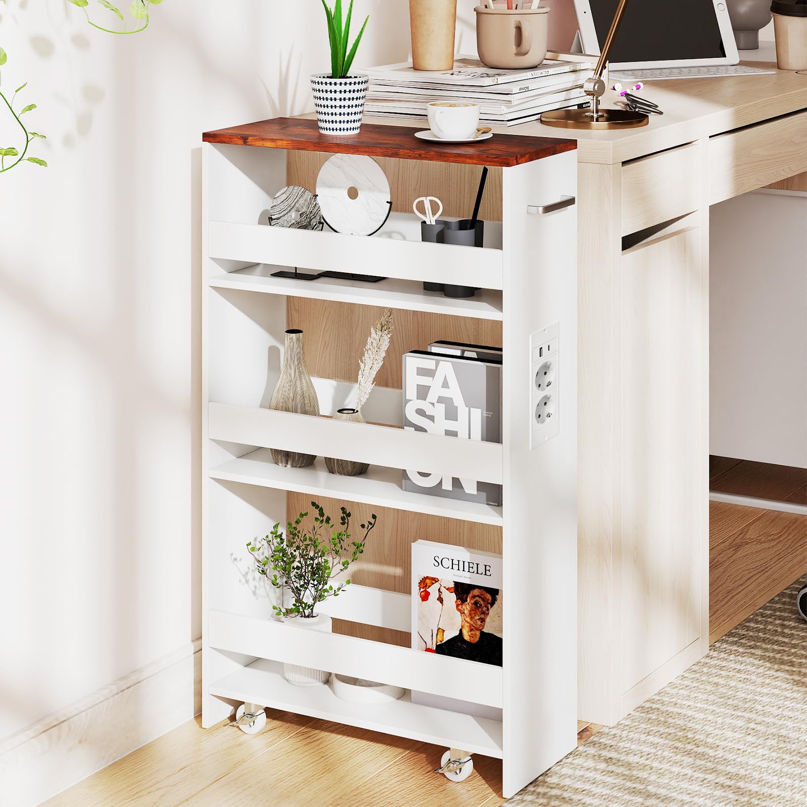 KOMFOTTEU Carro de Cocina de 4 Niveles, Carrito Auxiliar con Estación de Carga, Carrito Estrecho Ahorra Espacio con 4 Ruedas, Mueble de Almacenaje para Baño (Blanco e Industrial, 47,5 x 20 x 80,5 cm)