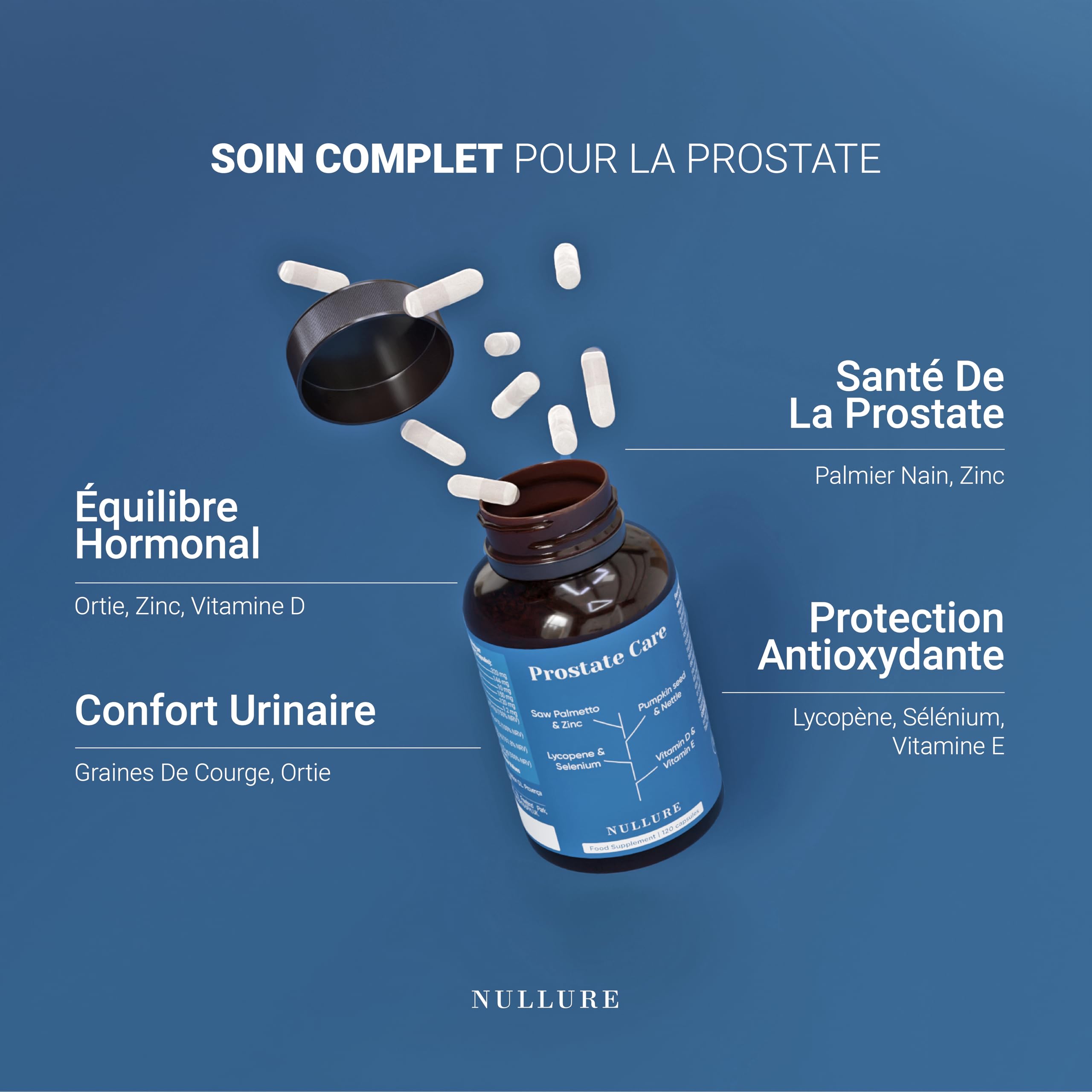 Nullure Formule Prostate et Confort Urinaire | Saw Palmetto + Pepin de Courge + Lycopène + Ortie | Testé par tiers en Allemagne | Sans additifs & Vegan | 120 gélules (2 mois) | Fabriqué à Barcelone