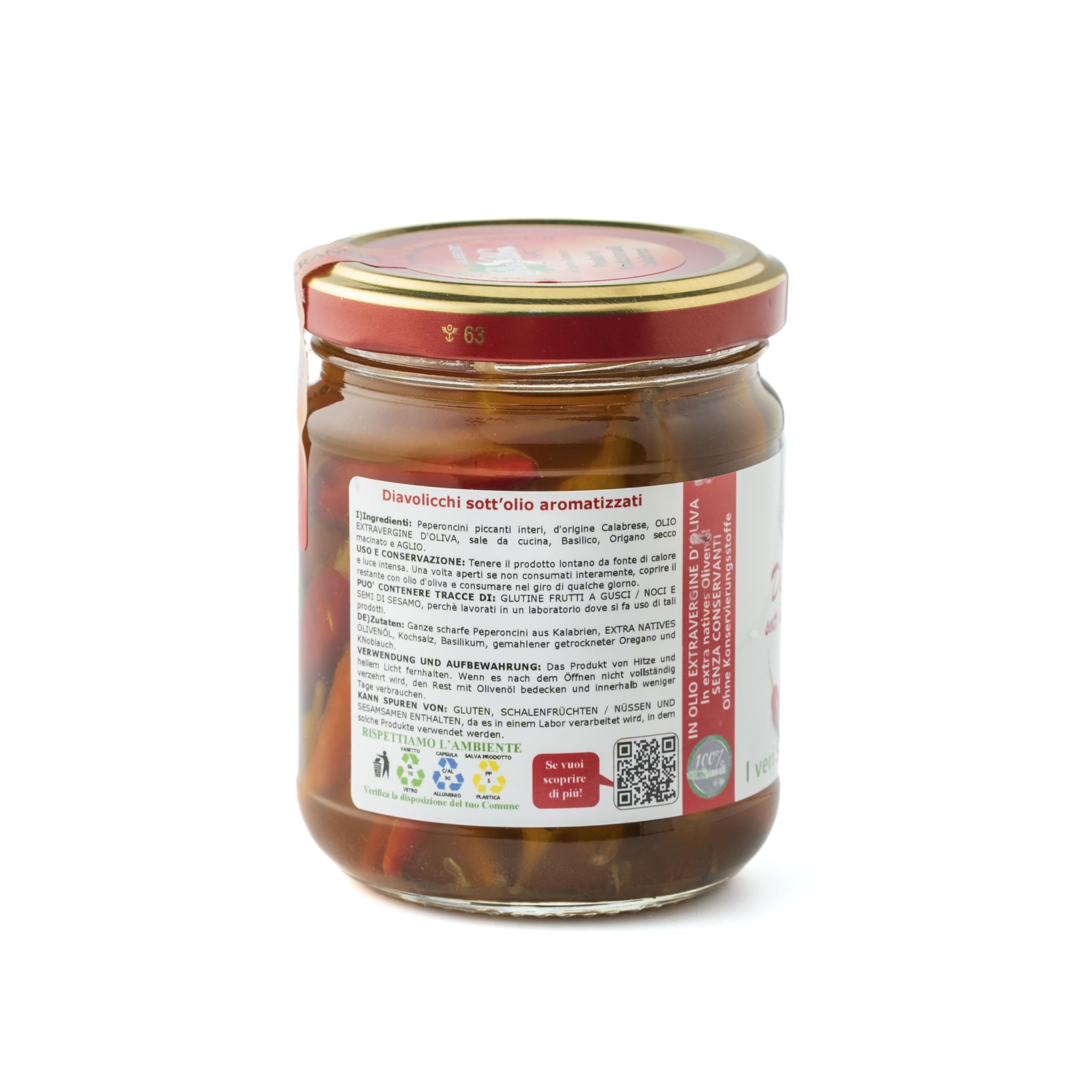 Kalabrische Diavolicchi in Öl – 3er-Sparset (je 180 g Glas)! Scharfe Peperoni in Nativem Olivenöl Extra, Handgemacht in Italien – Perfekt für Liebhaber der italienischen Küche