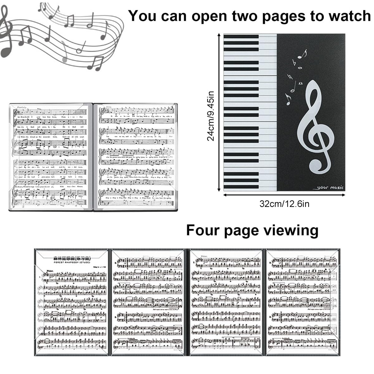 Classeur à Partitions 4 Côtés - Pliable - Format A4 - Avec 52 Pochettes Transparentes - Noir - Pupitre De Musique - Porte-notes - Pour Partitions D'instrumentaliste Et Musicien