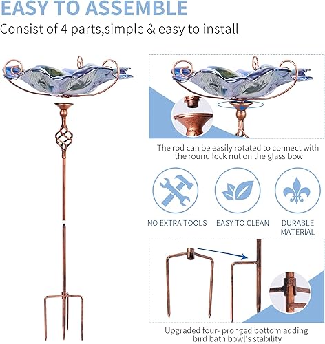 Miniatura 6 de VCUTEKA Baño de pájaros de cristal al aire libre BirdBath Comedero para pájaros con estaca de metal decoración de jardín
