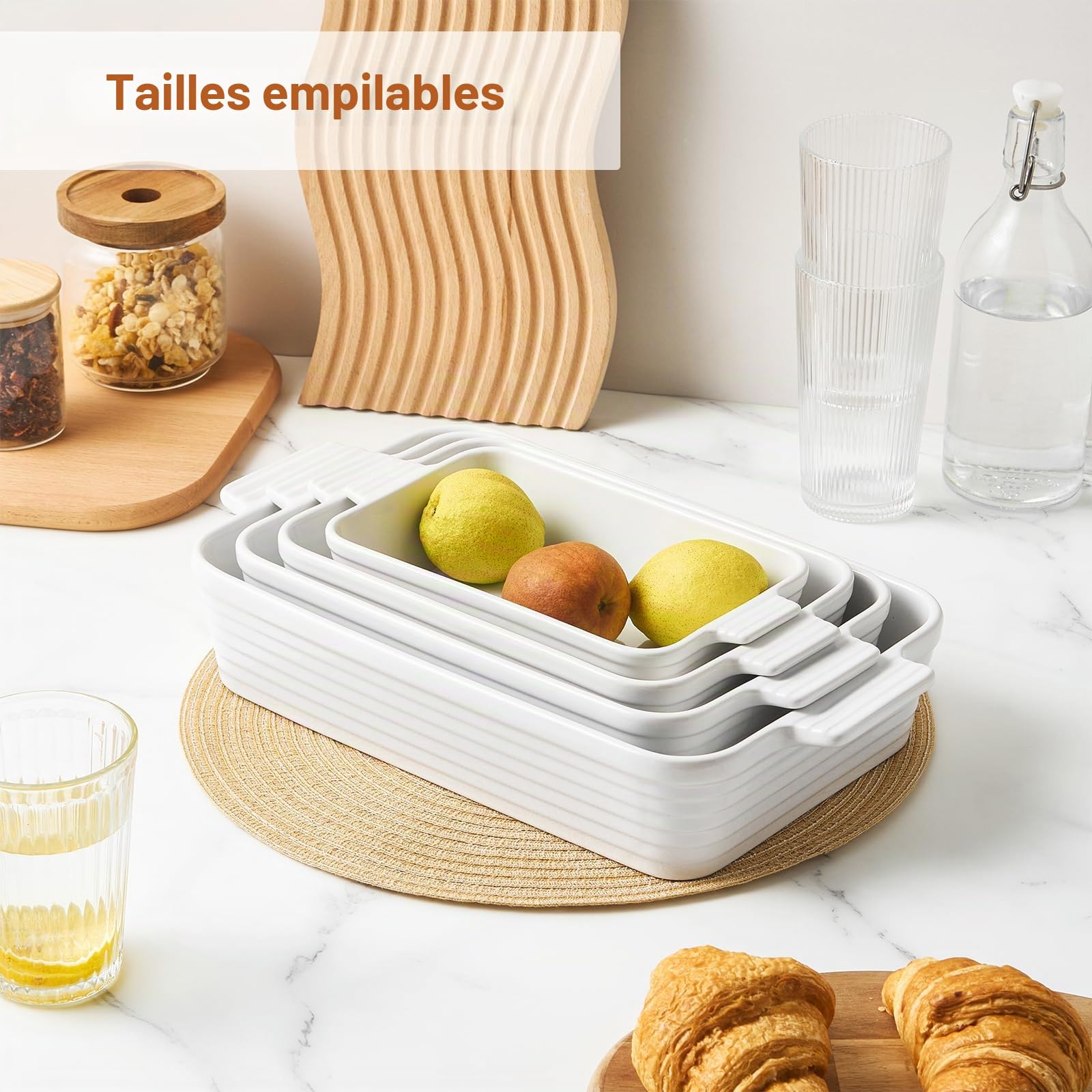 Jassceram Lot de 4 grands plats de cuisson rectangulaires profonds en céramique avec poignées - Passe au four - Pour brownie, banquet, macaroni et fromage (24,4 cm/29,2 cm/33,3 cm/38,6 cm)
