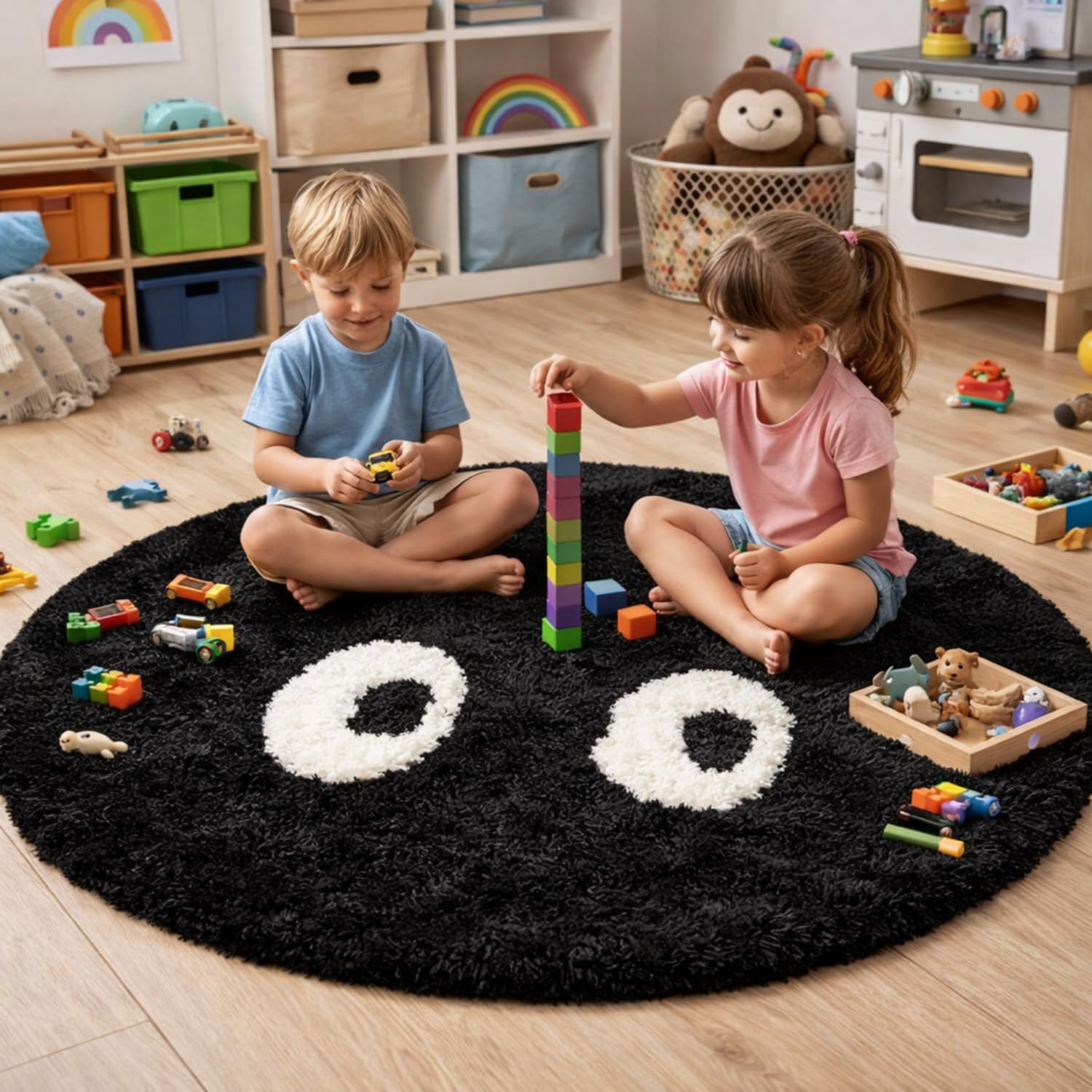AAWAAS Premium Polyester Shaggy Round Rug – Soft Fluffy Circle Carpet – Living Room & Bedroom Area Rug with Non-Slip Backing (Googly Eyes, 3x3 feet, Round) 1