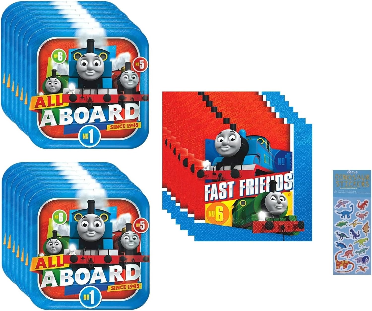 Thomas All Aboard Birthday Party Supplies Bundle includes 16 Lunch Paper Plates, 16 Lunch Paper Napkins, 1 Dinosaur Sticker Sheet
