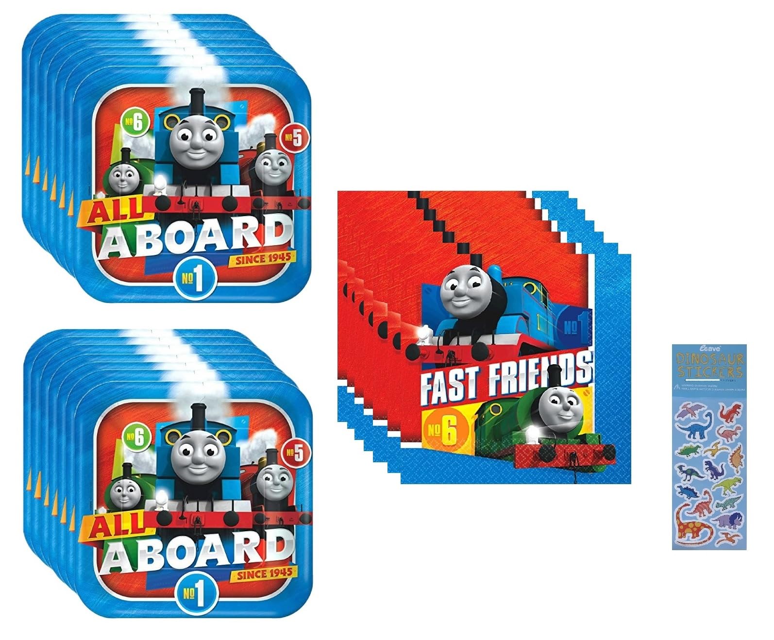 Thomas All Aboard Birthday Party Supplies Bundle includes 16 Lunch Paper Plates, 16 Lunch Paper Napkins, 1 Dinosaur Sticker Sheet