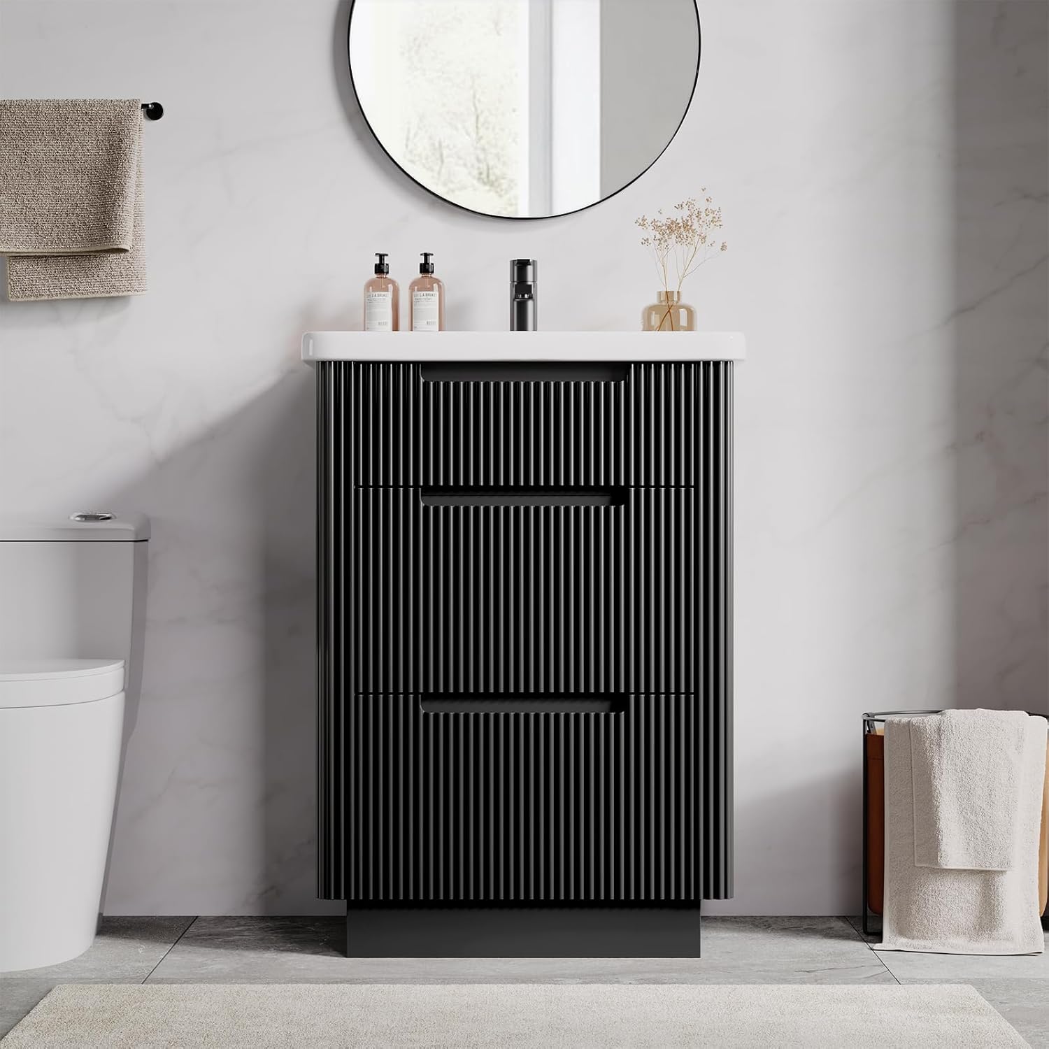 ONBRILL 24" Modern Fluted Bathroom Vanity with Sink Combo, Freestanding Bathroom Vanities with 3 Drawers, Bath Cabinet with Integrated Ceramic Sink for Small Space, Apartment (Black)